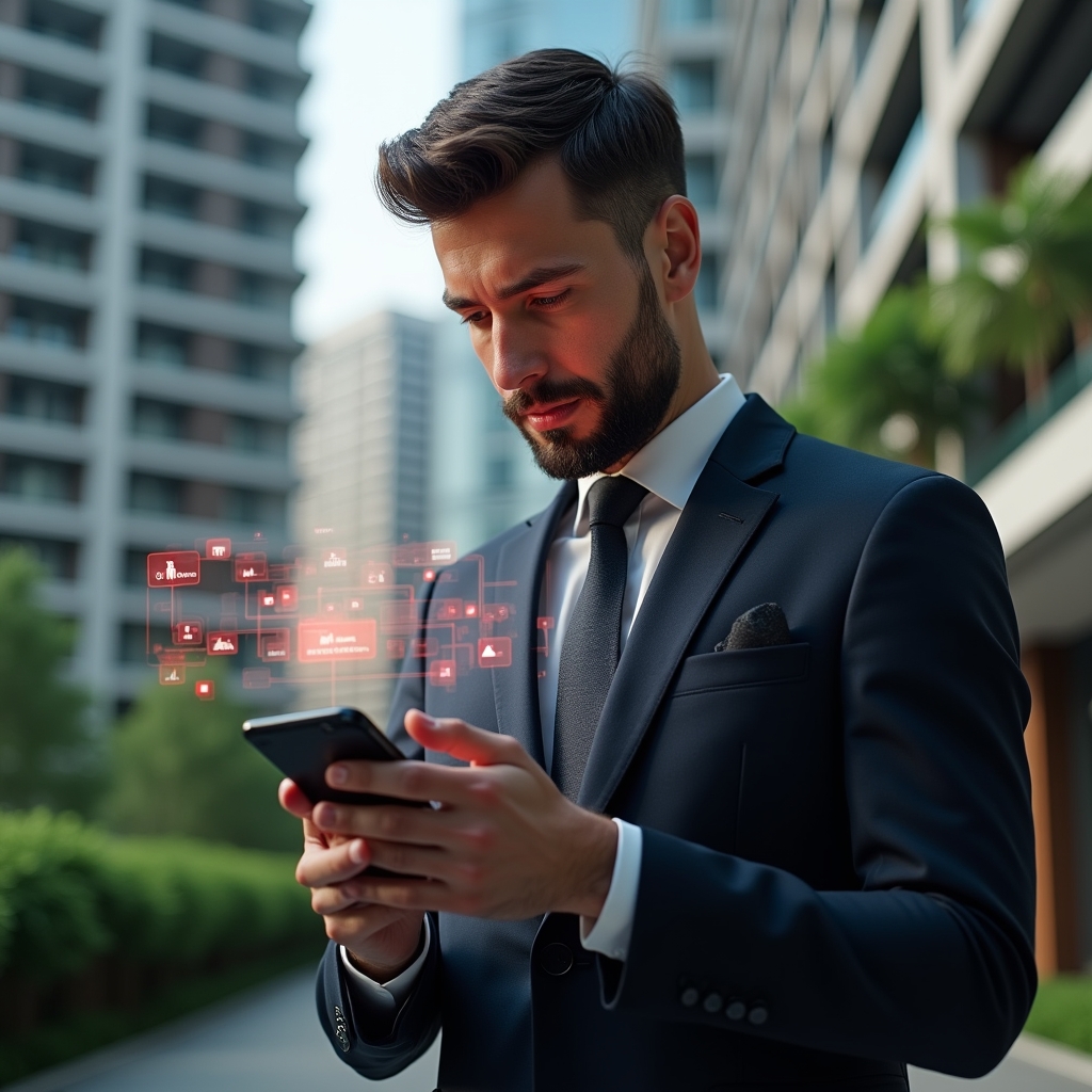 (Ultra-realistic condominium manager in a tailored dark suit, set in a modern luxury condominium environment with high-rise buildings and manicured greenery, holding a smartphone projecting holographic app icons with red error symbols, analyzing the interface with a focused, confident expression, cinematic lighting, shallow depth of field, highly detailed textures, realistic skin, photographic realism, 8k resolution --ar 1:1 --v 6)