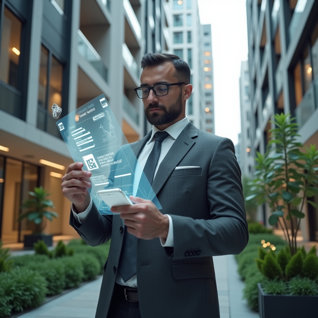 Ultra-realistic condominium manager in a charcoal gray suit, set in a modern luxury condominium environment with high-rise buildings and lush green landscaping, reviewing a holographic checklist of seven items and data charts with a thoughtful expression, holographic warning icons and financial graphs floating around, cinematic lighting, shallow depth of field, highly detailed textures, realistic skin, photographic realism, 8k resolution --ar 1:1 --v 6