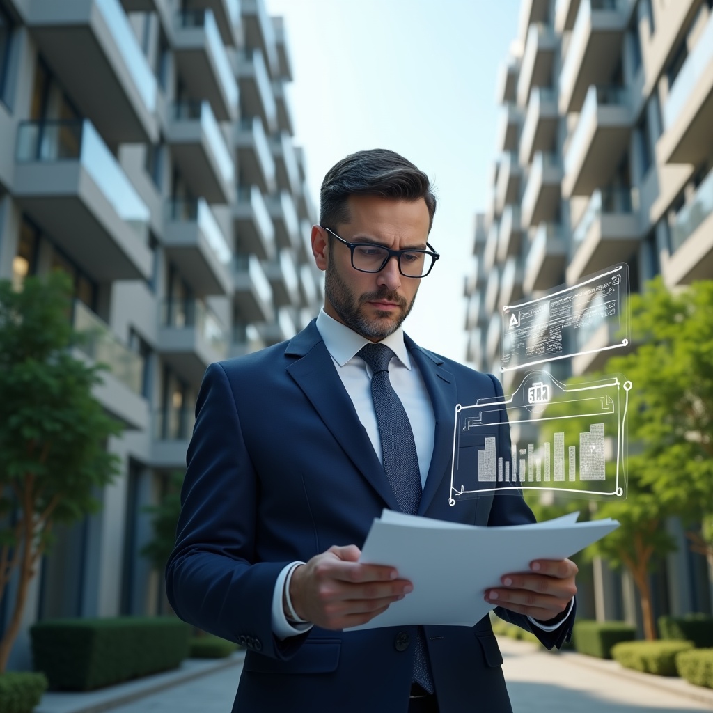 Ultra-realistic condominium manager in a tailored navy blue suit, set in a modern luxury condominium environment with high-rise buildings and lush green landscaping, mid-shot focused on the professional reviewing financial documents, holographic charts and warning icons floating around to symbolize accounting errors, serious and focused expression, cinematic lighting, shallow depth of field, highly detailed textures, realistic skin, photographic realism, 8k resolution --ar 1:1 --v 6