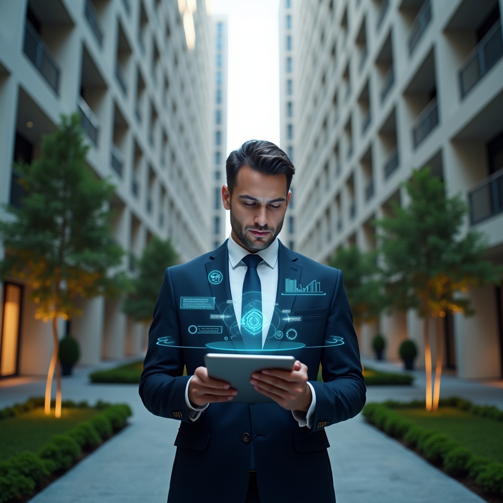(Ultra-realistic condominium manager in a tailored navy suit, set in a modern luxury condominium environment with high-rise buildings and manicured greenery, mid-shot holding a tablet displaying holographic error icons and an app dashboard, analyzing data with a thoughtful expression, subtle holographic symbols of warning signs floating around, cinematic lighting, shallow depth of field, highly detailed textures, realistic skin, photographic realism, 8k resolution --ar 1:1 --v 6)