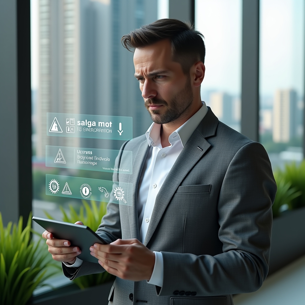 Ultra-realistic condominium manager in a tailored gray suit, set in a modern luxury condominium environment with high-rise buildings and manicured green landscaping, holding a digital tablet and examining a holographic interface with warning icons representing common selection errors, thoughtful and slightly concerned expression, cinematic lighting, shallow depth of field, highly detailed textures, realistic skin, photographic realism, 8k resolution --ar 1:1 --v 6