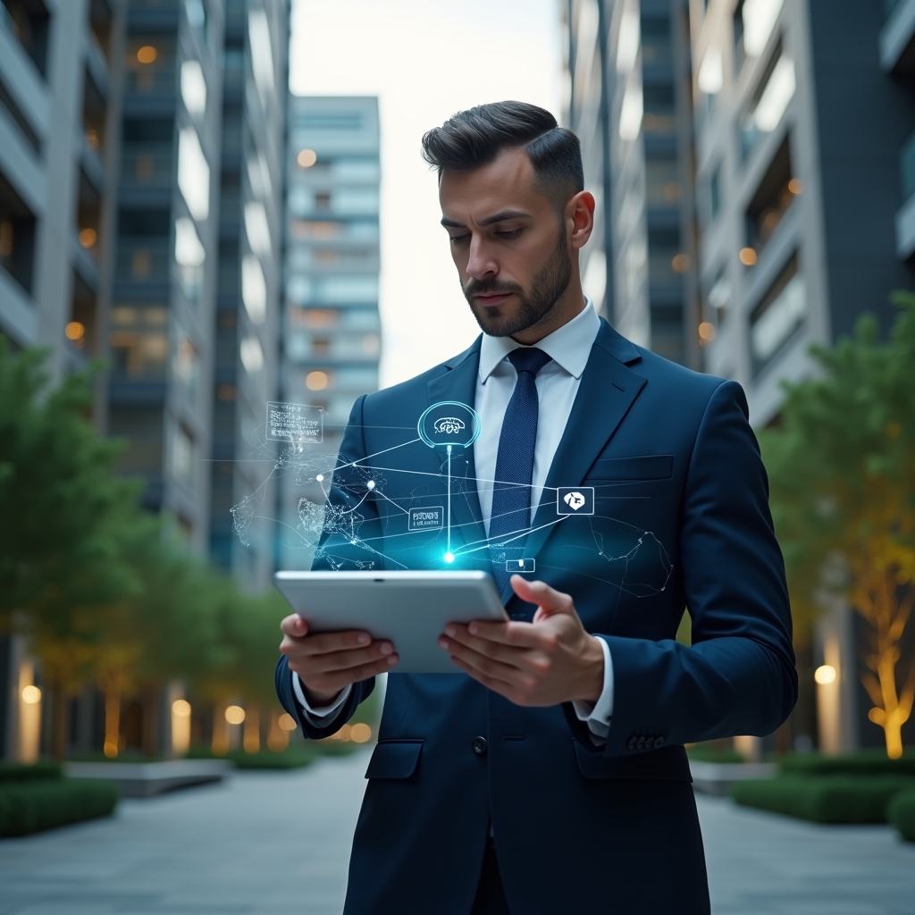 Ultra-realistic condominium manager in a navy executive suit, set in a modern luxury condominium environment with high-rise buildings and lush green landscaping, mid-shot of a thoughtful male manager holding a tablet displaying warning icons and app interface errors, floating holographic error symbols and connectivity icons around him, cinematic lighting, shallow depth of field, highly detailed textures, realistic skin, photographic realism, 8k resolution --ar 1:1 --v 6