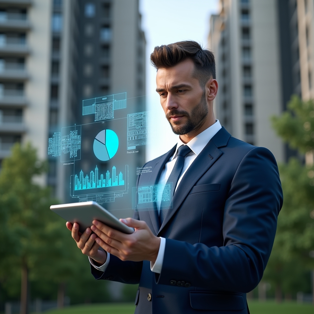 (Ultra-realistic condominium manager in a navy blue executive suit, set in a modern luxury condominium environment with high-rise buildings and lush green landscaping, analyzing a holographic 3D model of fractional ownership charts above a digital tablet, confident and focused expression, holographic pie charts and architectural blueprint overlays as symbolic visual elements, cinematic lighting, shallow depth of field, highly detailed textures, realistic skin, photographic realism, 8k resolution --ar 1:1 --v 6)