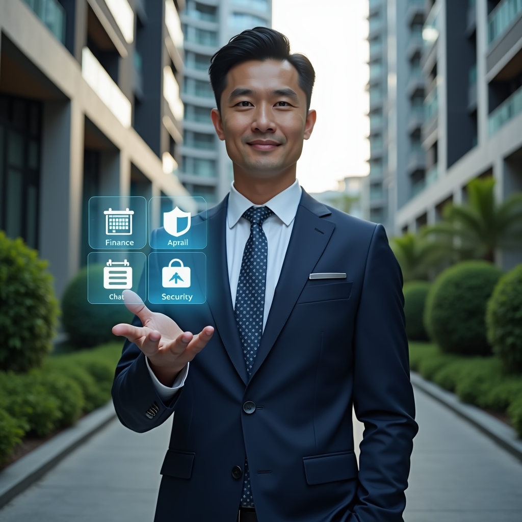 (Ultra-realistic condominium manager in a navy executive suit, set in a modern luxury condominium environment with high-rise buildings and manicured green landscaping, holding a floating holographic interface displaying icons for finance, calendar, chat and security to represent essential app functions, confident and focused expression, cinematic lighting, shallow depth of field, highly detailed textures, realistic skin, photographic realism, 8k resolution --ar 1:1 --v 6)