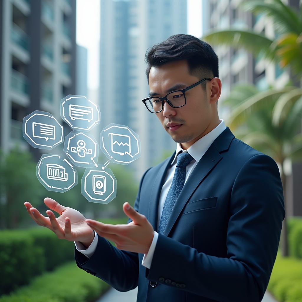 Ultra-realistic professional condo manager in a navy executive suit, set in a modern luxury condominium environment with high-rise buildings and lush green landscaping, examining a floating holographic dashboard displaying seven icons for finance, messaging, maintenance, booking, analytics, access control, and mobile app, confident expression, cinematic lighting, shallow depth of field, highly detailed textures, realistic skin, photographic realism, 8k resolution –ar 1:1 –v 6