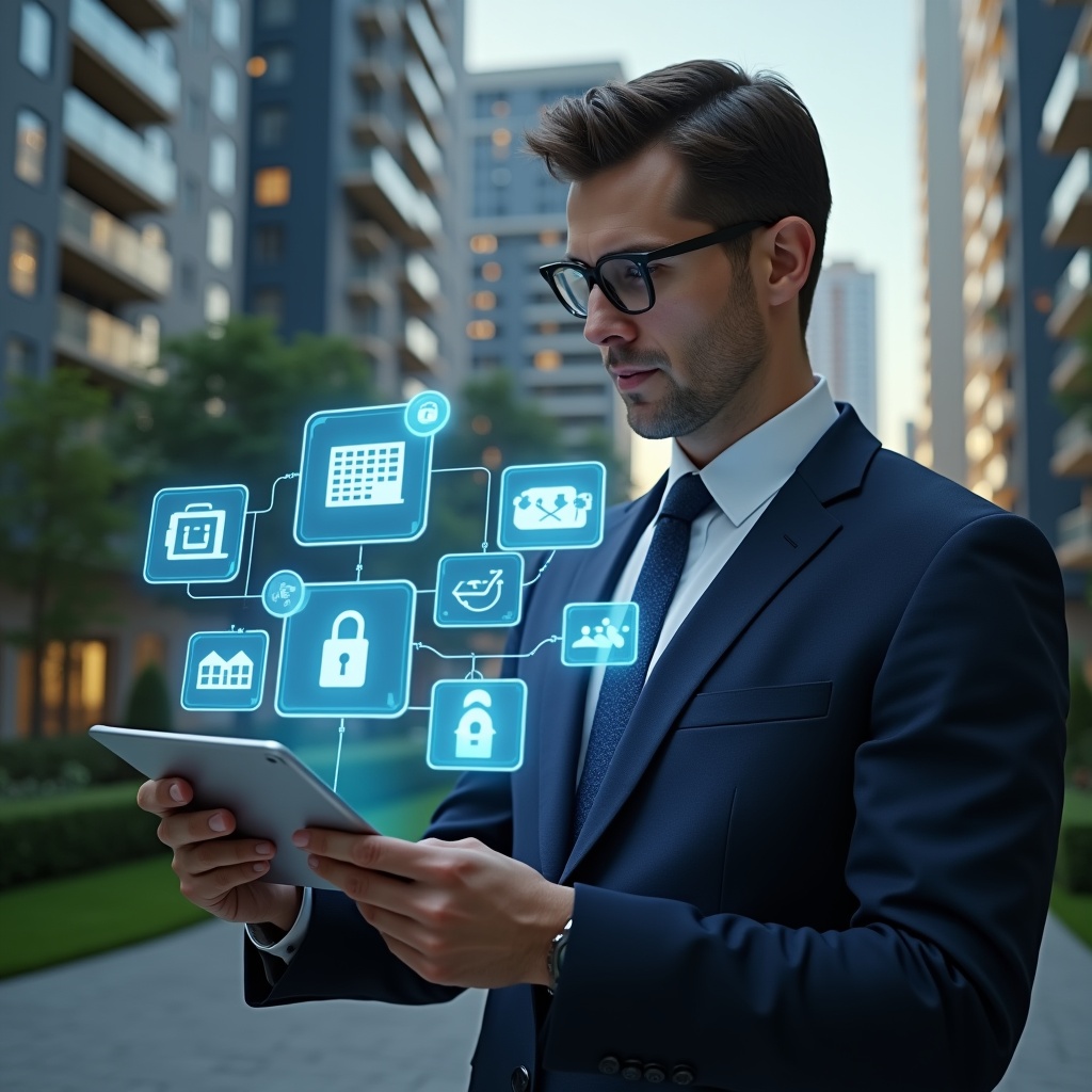 (Ultra-realistic condominium manager in a tailored navy suit, set in a modern luxury condominium environment with high-rise buildings and manicured greenery, holding a tablet displaying holographic icons of chat bubbles, calendar bookings, financial charts and security locks, confidently analyzing the interface, cinematic lighting, shallow depth of field, highly detailed textures, realistic skin, photographic realism, 8k resolution --ar 1:1 --v 6)