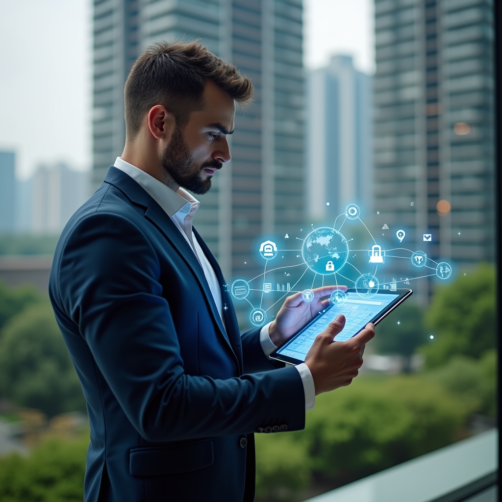 (Ultra-realistic condominium manager in a navy suit, set in a modern luxury condominium environment with high-rise buildings and green landscaping, holding a tablet displaying holographic icons representing communication, finance, reservations, incidents, documents, access control and performance analytics, confidently analyzing the digital interface, futuristic holographic app elements floating around, cinematic lighting, shallow depth of field, highly detailed textures, realistic skin, photographic realism, 8k resolution --ar 1:1 --v 6)