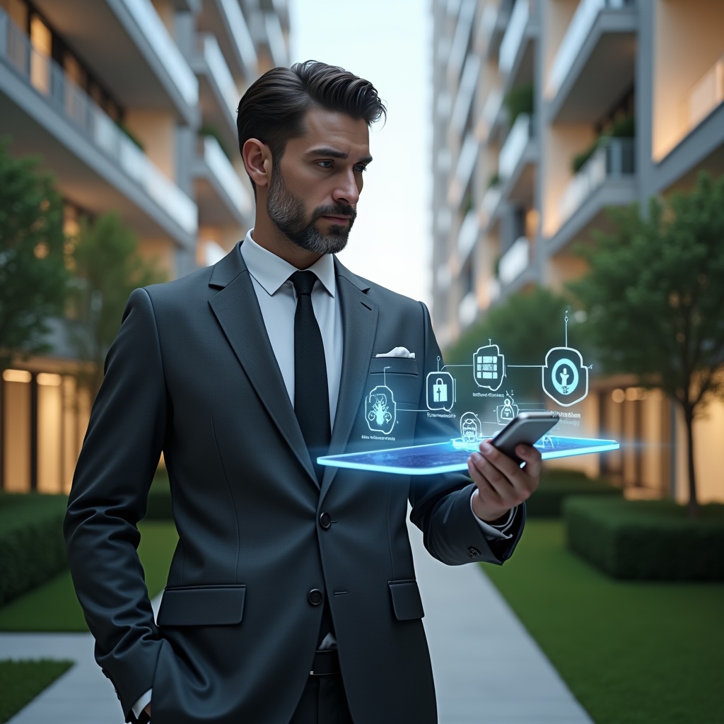 Ultra-realistic condominium manager in a charcoal gray executive suit, set in a modern luxury condominium environment with high-rise buildings and manicured green landscaping, interacting with a floating holographic smartphone interface displaying icons for finance, calendar, maintenance and security, confident and focused expression, cinematic lighting, shallow depth of field, highly detailed textures, realistic skin, photographic realism, 8k resolution --ar 1:1 --v 6