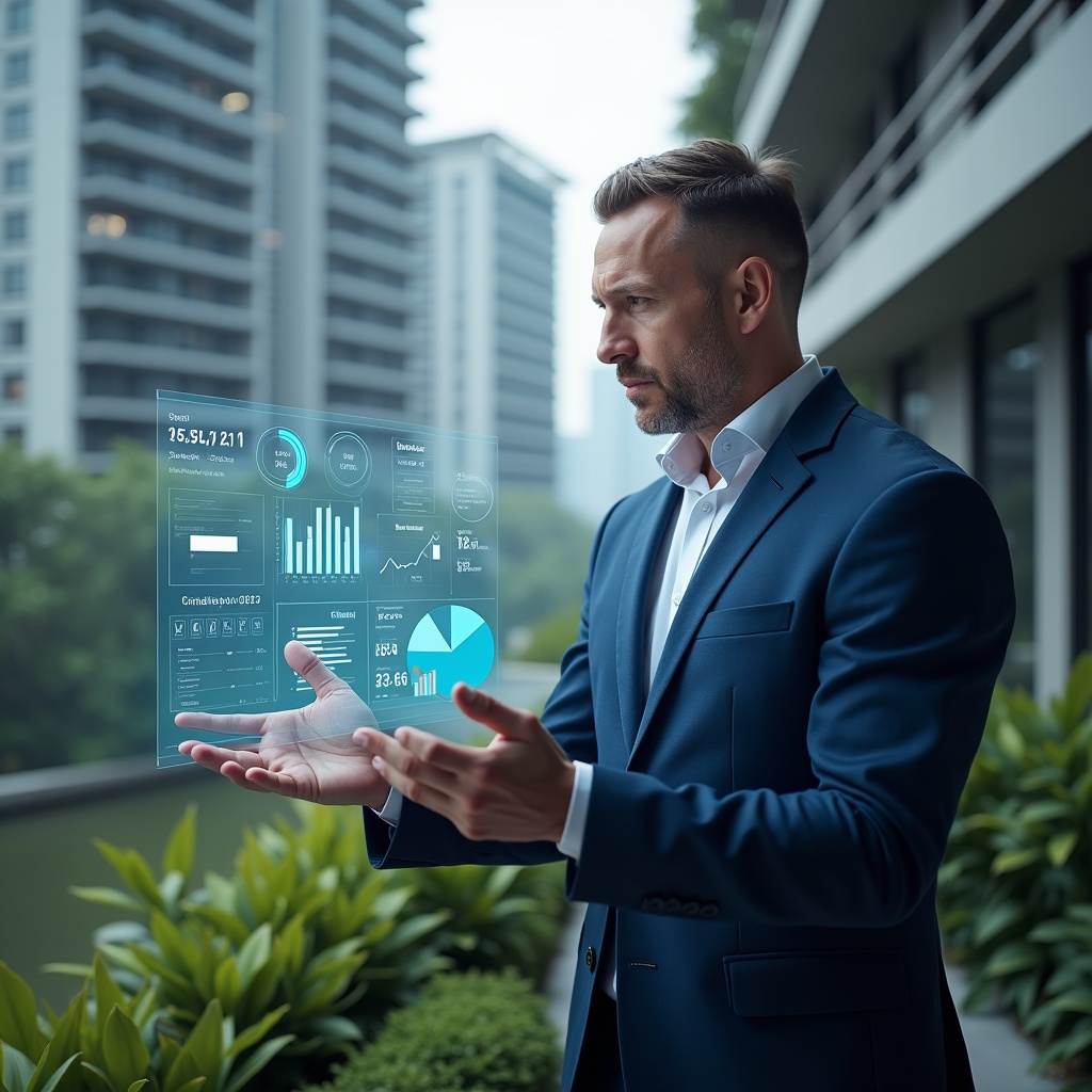 Ultra-realistic condominium manager in a navy blue suit, set in a modern luxury condominium environment with high-rise buildings and meticulously landscaped greenery, examining a holographic financial dashboard with floating bar charts and pie graphs, thoughtful and confident expression, cinematic lighting, shallow depth of field, highly detailed textures, realistic skin, photographic realism, 8k resolution --ar 1:1 --v 6
