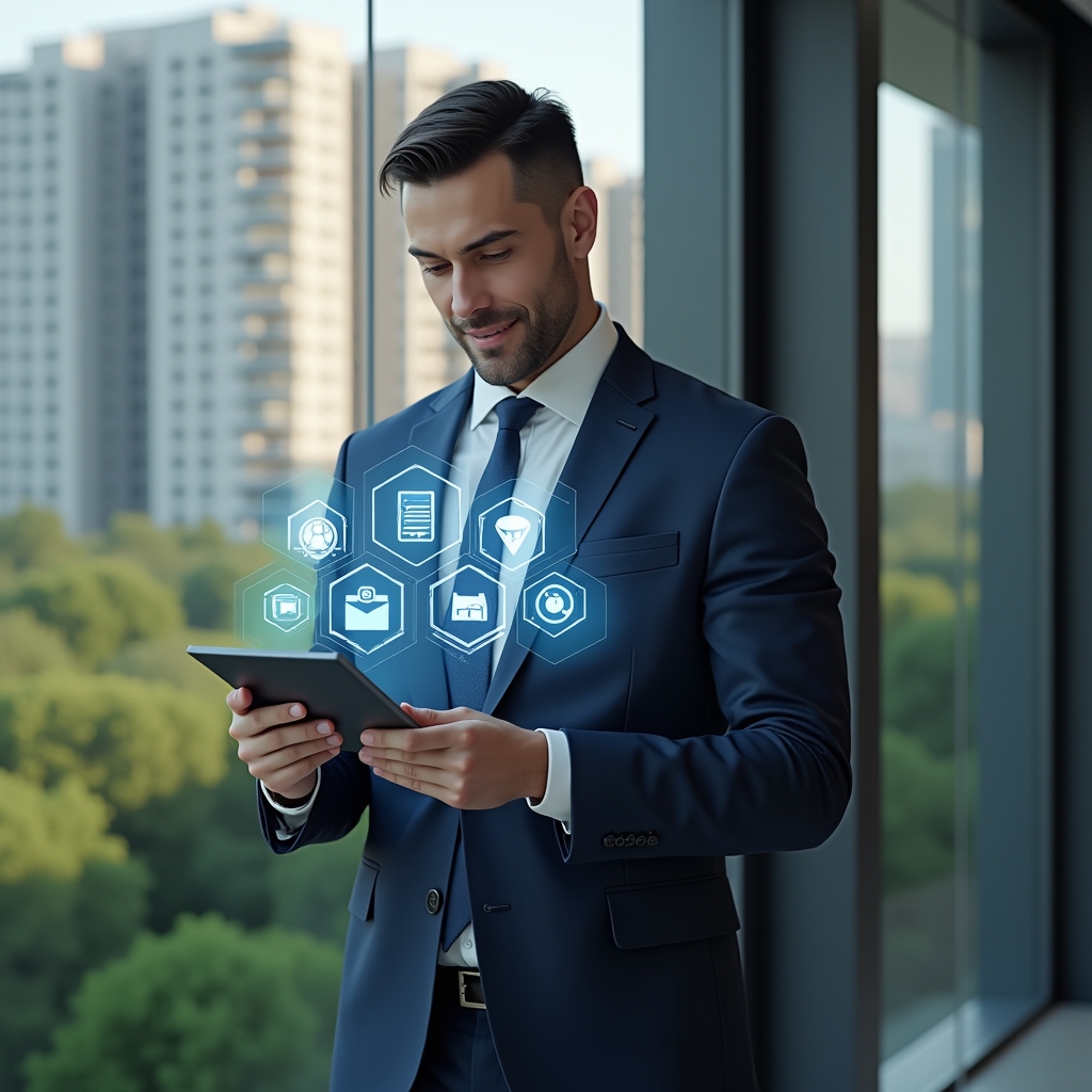 Ultra-realistic condominium manager in a navy executive suit, set in a modern luxury condominium environment with high-rise buildings and green landscaping, confidently holding a tablet displaying holographic icons for chat, finances and maintenance, slight smile while analyzing data, cinematic lighting, shallow depth of field, highly detailed textures, realistic skin, photographic realism, 8k resolution --ar 1:1 --v 6