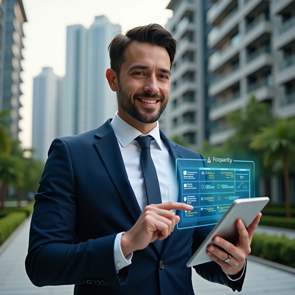 (Ultra-realistic condominium manager in a tailored navy blue suit, set in a modern luxury condominium environment with high-rise buildings and manicured green landscaping, holding a sleek digital tablet displaying a holographic activity schedule with calendar and task icons, confidently pointing to highlighted maintenance and assembly entries, cinematic lighting, shallow depth of field, highly detailed textures, realistic skin, photographic realism, 8k resolution --ar 1:1 --v 6)