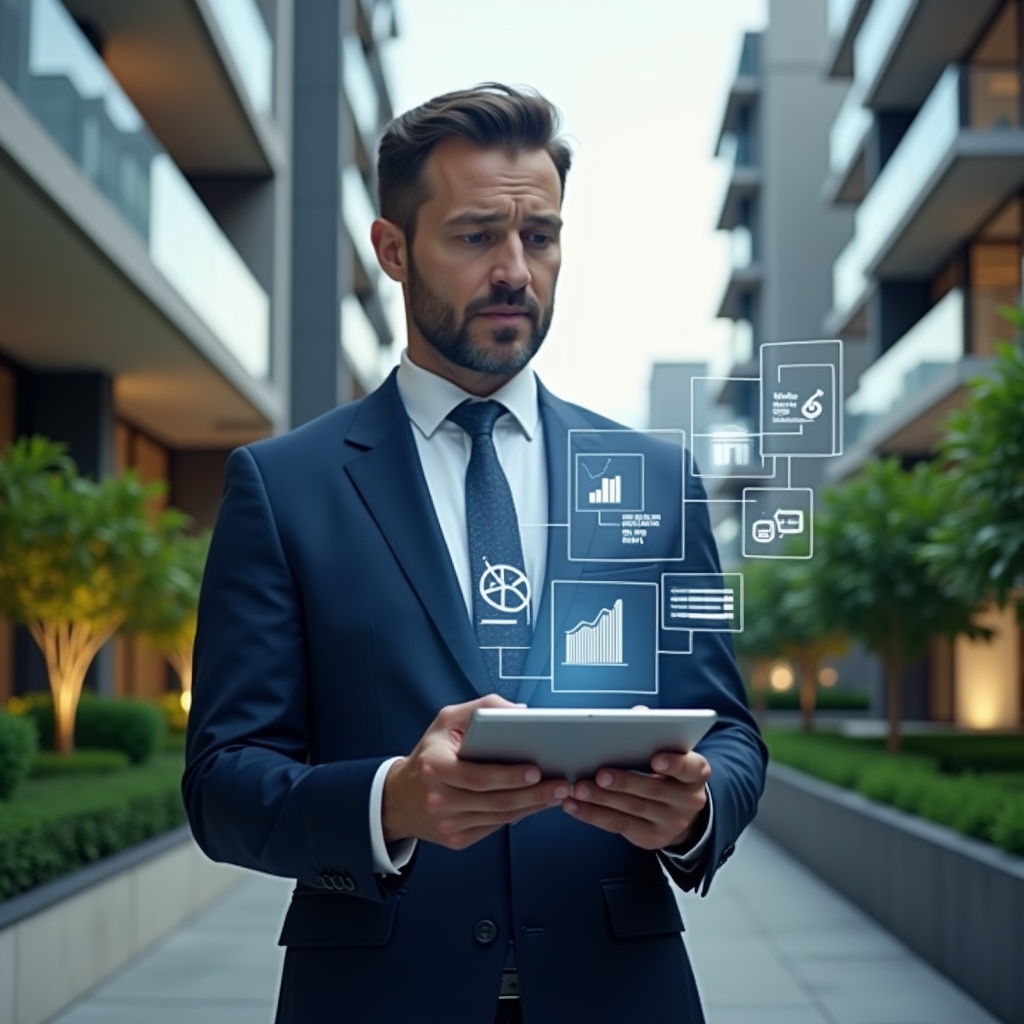 Ultra-realistic condominium manager in a navy executive suit, set in a modern luxury condominium environment with high-rise buildings and manicured green landscaping, mid-shot of a professional confidently reviewing holographic financial charts projected above a tablet, floating icons of reports and graphs symbolizing transparency and efficiency, cinematic lighting, shallow depth of field, highly detailed textures, realistic skin, photographic realism, 8k resolution --ar 1:1 --v 6