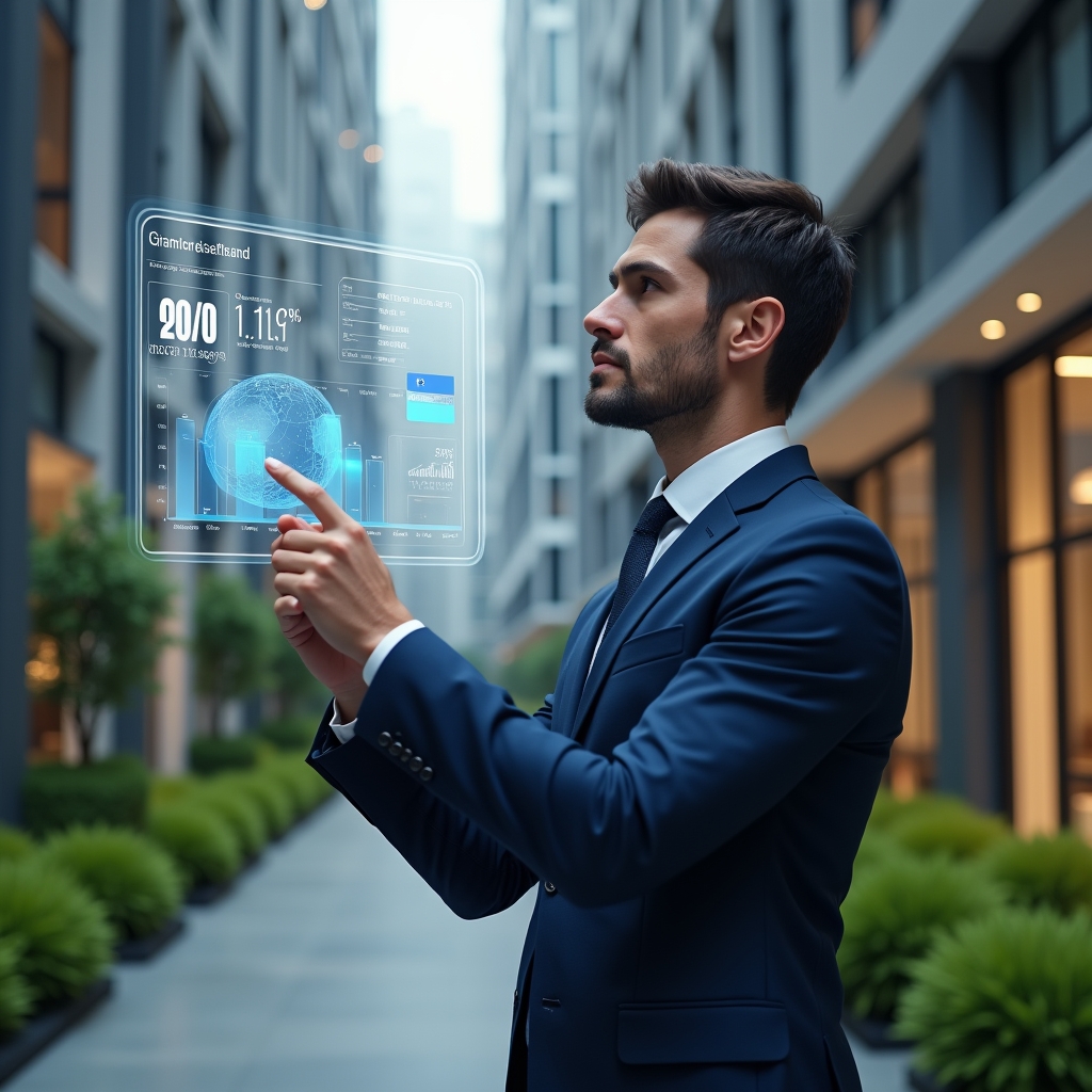 (Ultra-realistic condominium manager in a navy executive suit, set in a modern luxury condominium environment with high-rise buildings and manicured green landscaping, examining and pointing at floating holographic financial charts displaying bar graphs and pie charts of key metrics, confident and focused expression, cinematic lighting, shallow depth of field, highly detailed textures, realistic skin, photographic realism, 8k resolution --ar 1:1 --v 6)