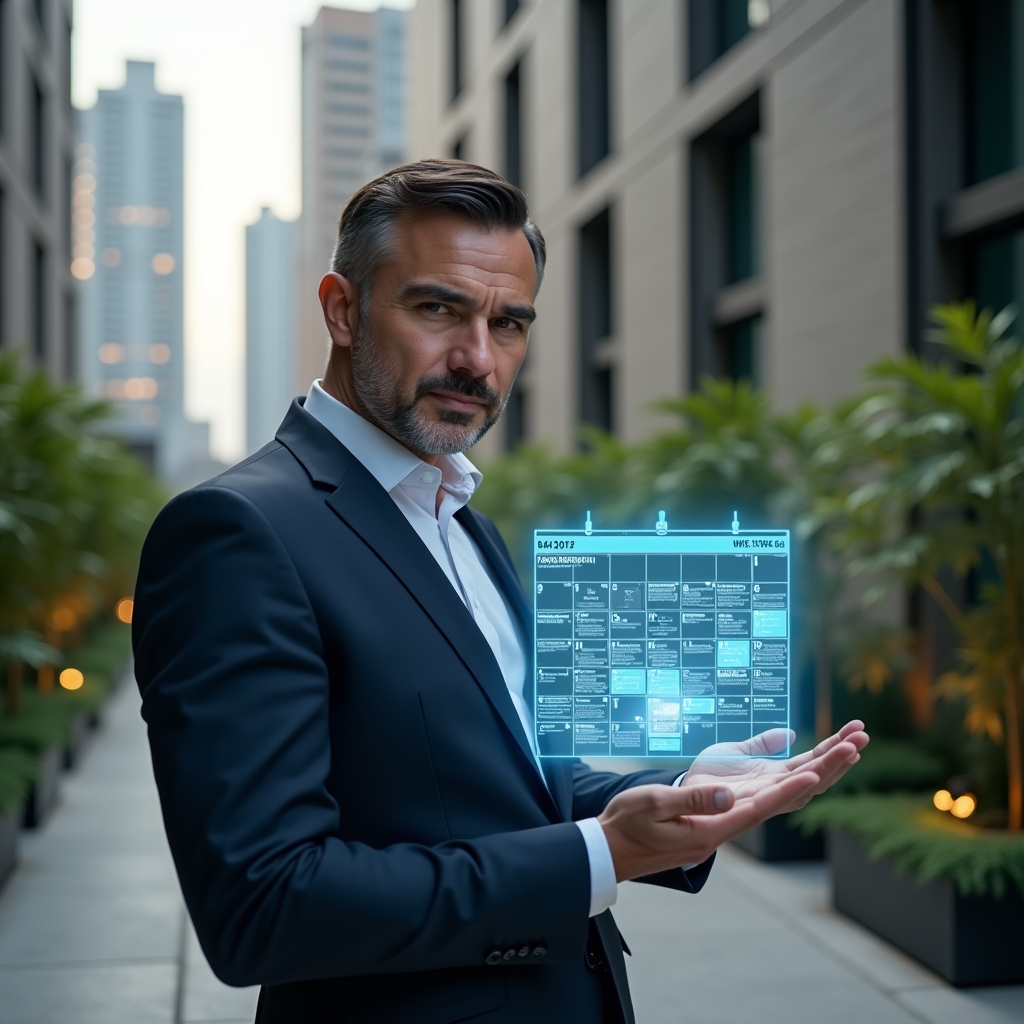 Ultra-realistic condominium manager in a tailored navy suit, set in a modern luxury condominium environment with high-rise buildings and manicured green landscaping, holding and interacting with a glowing holographic calendar displaying maintenance and event icons, confident and focused expression, cinematic lighting, shallow depth of field, highly detailed textures, realistic skin, photographic realism, 8k resolution --ar 1:1 --v 6