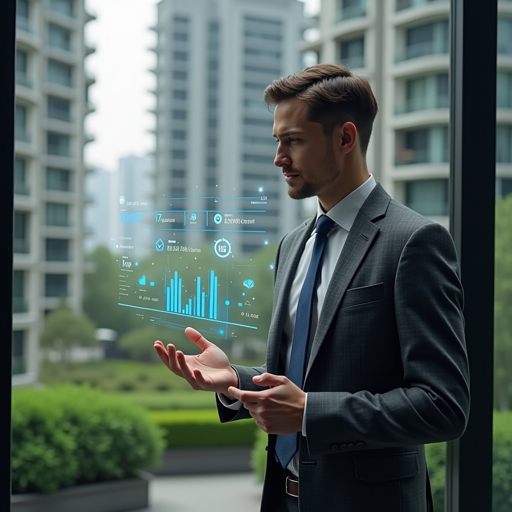 (Ultra-realistic condominium manager in a charcoal gray suit, set in a modern luxury condominium environment with high-rise buildings and meticulously landscaped greenery, confidently interacting with a floating holographic interface displaying expense charts, approval checkmarks and budget graphs, cinematic lighting, shallow depth of field, highly detailed textures, realistic skin, photographic realism, 8k resolution --ar 1:1 --v 6)