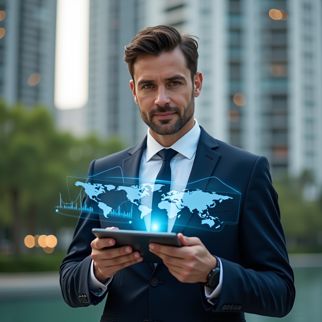 Ultra-realistic condo manager in a navy suit, set in a modern luxury condominium environment with high-rise buildings and green landscaping, holding a digital tablet displaying holographic charts and real-time report icons, confident and focused expression reflecting remote management and instant communication, cinematic lighting, shallow depth of field, highly detailed textures, realistic skin, photographic realism, 8k resolution --ar 1:1 --v 6