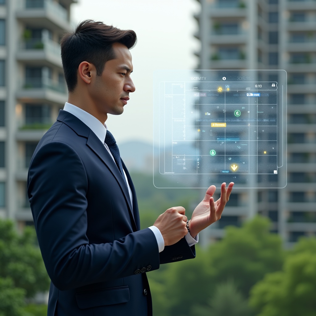 (Ultra-realistic condominium manager in a navy executive suit, set in a modern luxury condominium environment with high-rise buildings and lush green landscaping, confidently interacting with a floating holographic activity schedule displaying calendar icons and task checkmarks, cinematic lighting, shallow depth of field, highly detailed textures, realistic skin, photographic realism, 8k resolution --ar 1:1 --v 6)