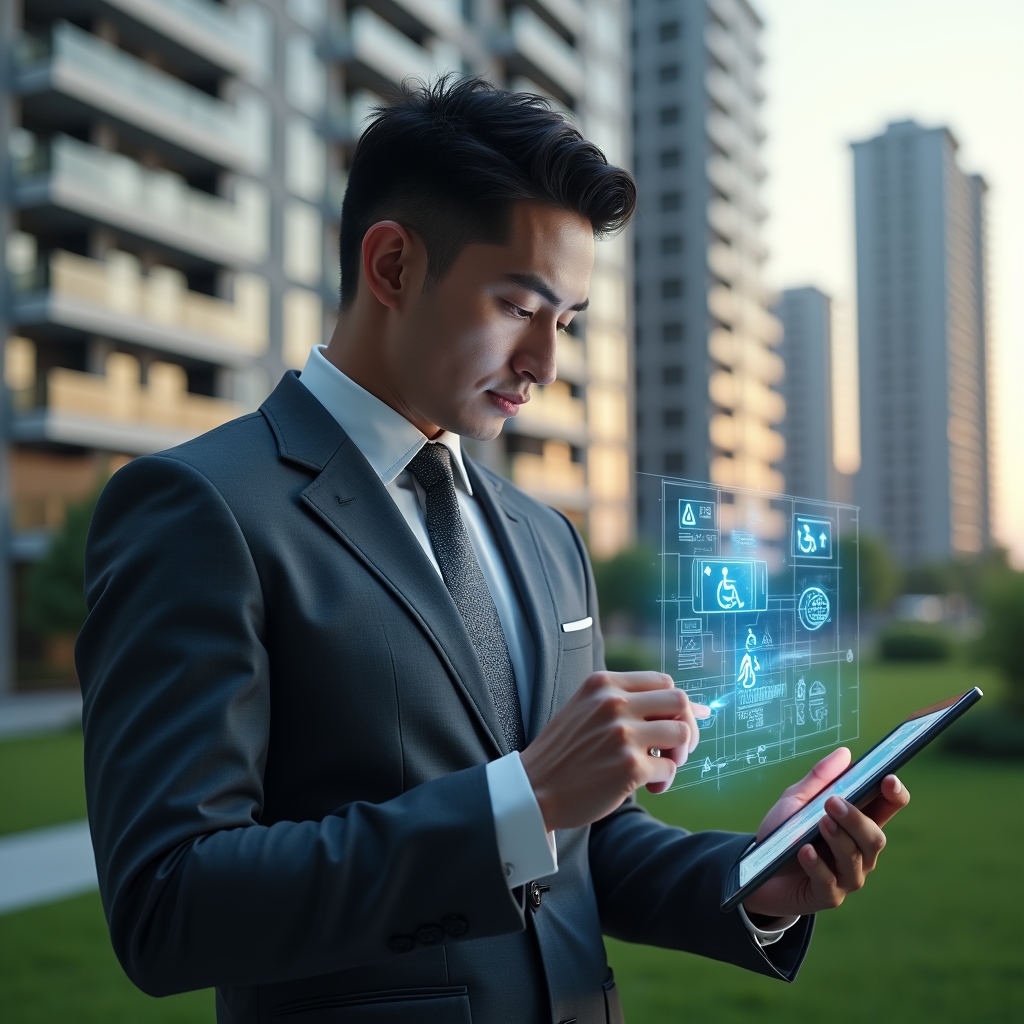 (Ultra-realistic condominium manager in a dark gray executive suit, set in a modern luxury condominium environment with high-rise buildings and lush green landscaping, examining a holographic accessibility ramp blueprint projected from a tablet, with floating icons of a wheelchair and Braille signage, cinematic lighting, shallow depth of field, highly detailed textures, realistic skin, photographic realism, 8k resolution --ar 1:1 --v 6)