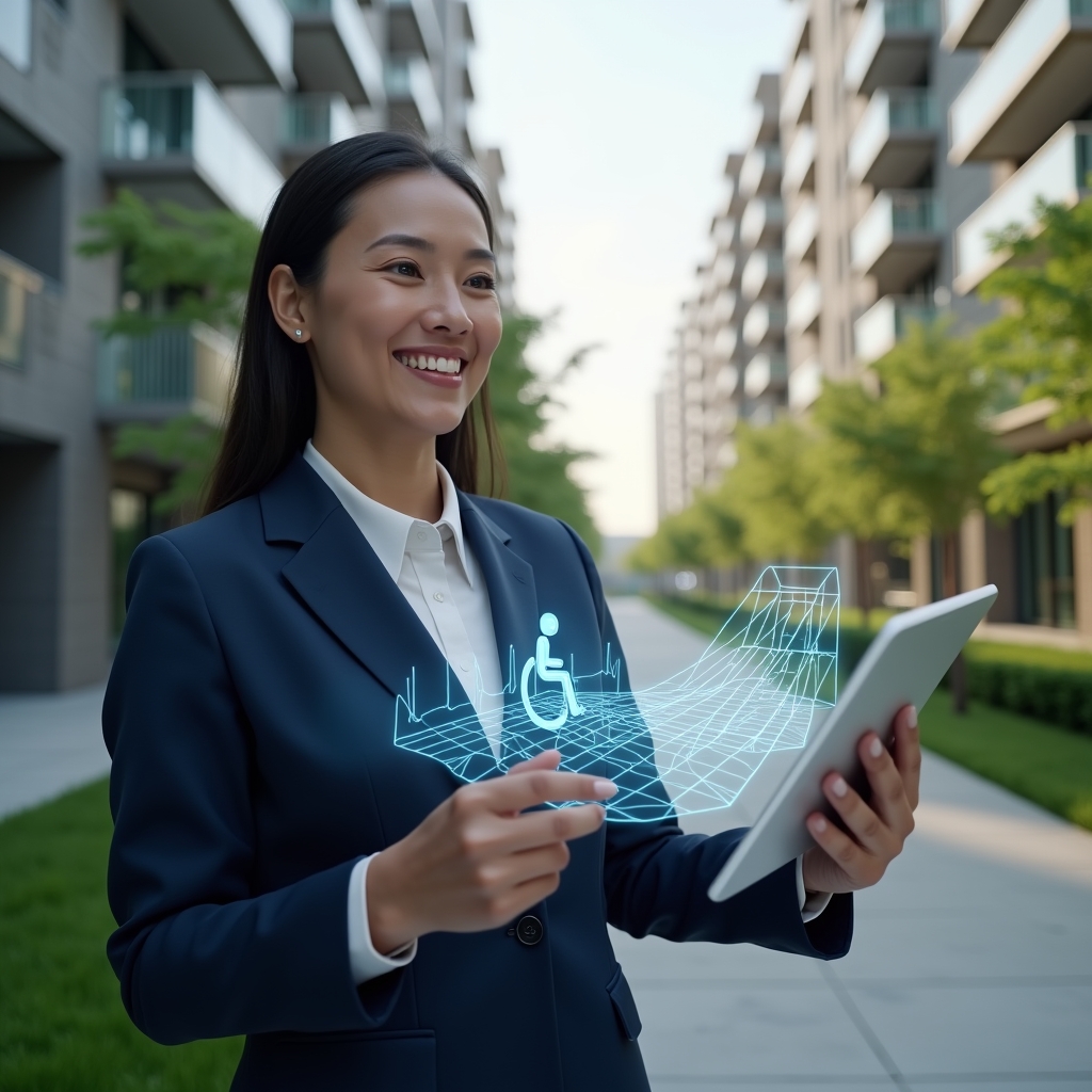 Ultra-realistic condominium manager in a navy suit, set in a modern luxury condominium environment with high-rise buildings and lush green landscaping, holding a transparent tablet displaying a 3D hologram of an accessible ramp, smiling confidently as they gesture toward a wheelchair-friendly pathway in the background, floating accessibility icon beside them, cinematic lighting, shallow depth of field, highly detailed textures, realistic skin, photographic realism, 8k resolution --ar 1:1 --v 6
