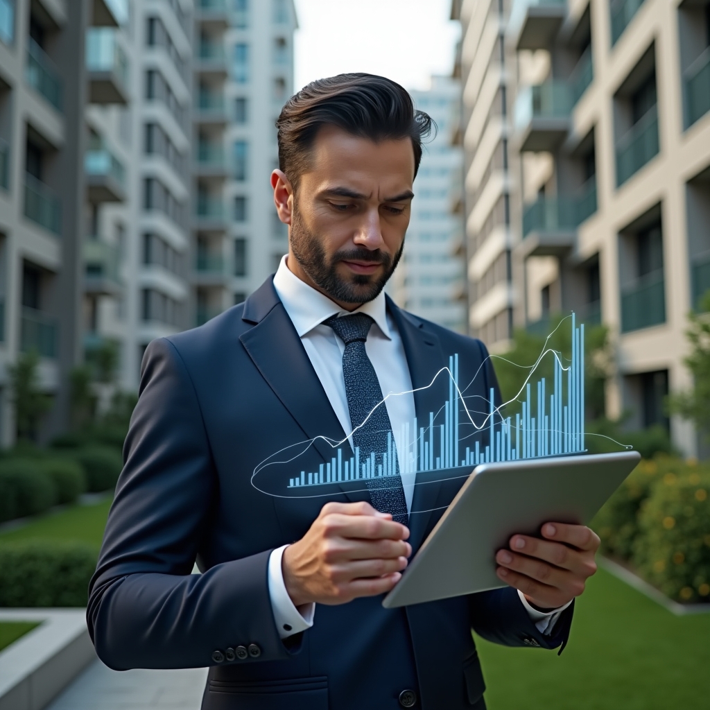 (Ultra-realistic condominium manager in a tailored navy suit, set in a modern luxury condominium environment with high-rise buildings and manicured green landscaping, reviewing a digital financial report on a tablet with floating holographic expense charts and graphs, confident and focused expression, cinematic lighting, shallow depth of field, highly detailed textures, realistic skin, photographic realism, 8k resolution --ar 1:1 --v 6)