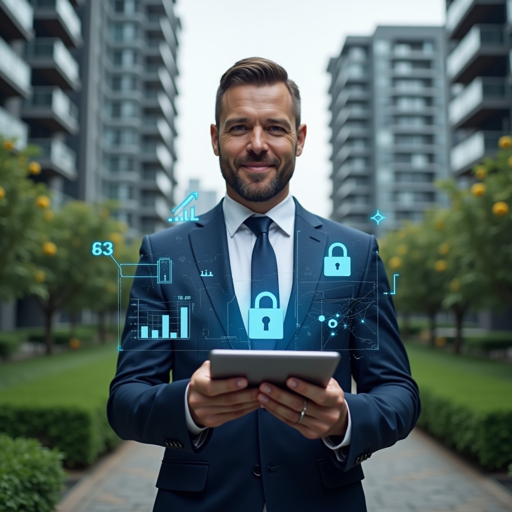 (Ultra-realistic condominium property manager in a dark blue executive suit, set in a modern luxury condominium environment with high-rise buildings and lush green landscaping, medium close-up of a confident manager holding a digital tablet displaying floating holographic data graphs, security padlock icons and IoT connectivity symbols, cinematic lighting, shallow depth of field, highly detailed textures, realistic skin, photographic realism, 8k resolution --ar 1:1 --v 6)