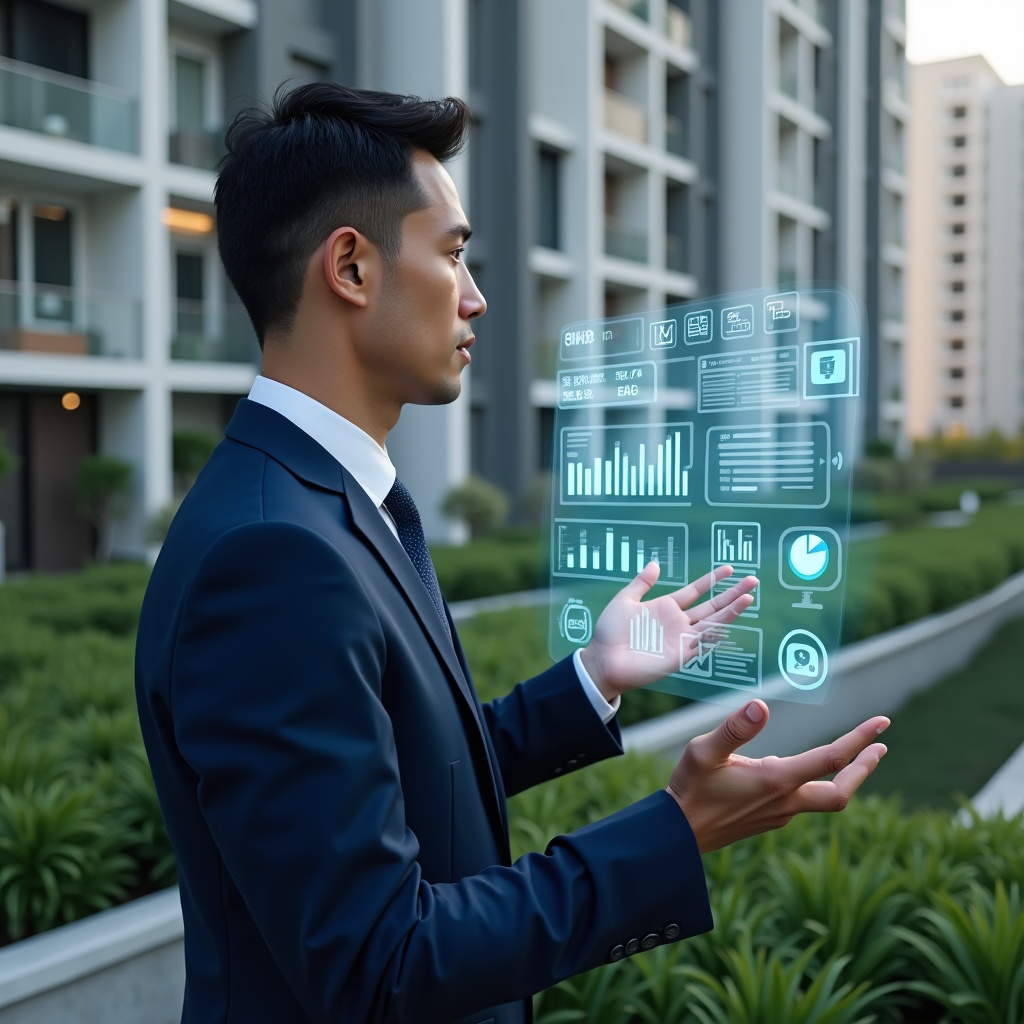 (Ultra-realistic condominium manager in a tailored navy blue suit, set in a modern luxury condominium environment with high-rise buildings and meticulously landscaped greenery, interacting with a floating holographic dashboard displaying digital charts and app icons, conveying confidence and forward-thinking, cinematic lighting, shallow depth of field, highly detailed textures, realistic skin, photographic realism, 8k resolution --ar 1:1 --v 6)