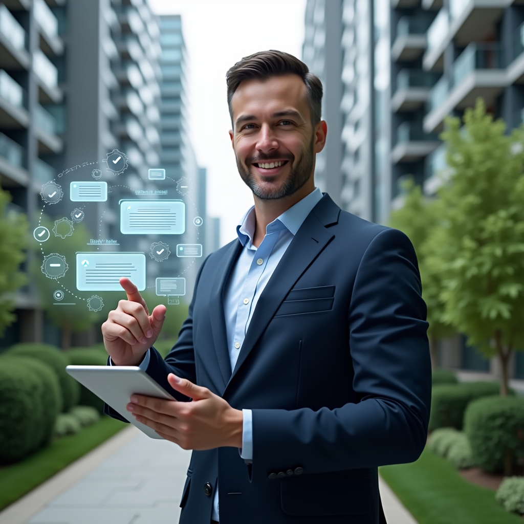 Ultra-realistic condominium manager in a navy business suit, set in a modern luxury condominium environment with high-rise buildings and manicured green landscaping, holding a digital tablet and pointing at a floating holographic interface displaying chat bubbles, checklists and gears symbolizing clear rules and streamlined processes, confident and approachable expression, cinematic lighting, shallow depth of field, highly detailed textures, realistic skin, photographic realism, 8k resolution --ar 1:1 --v 6