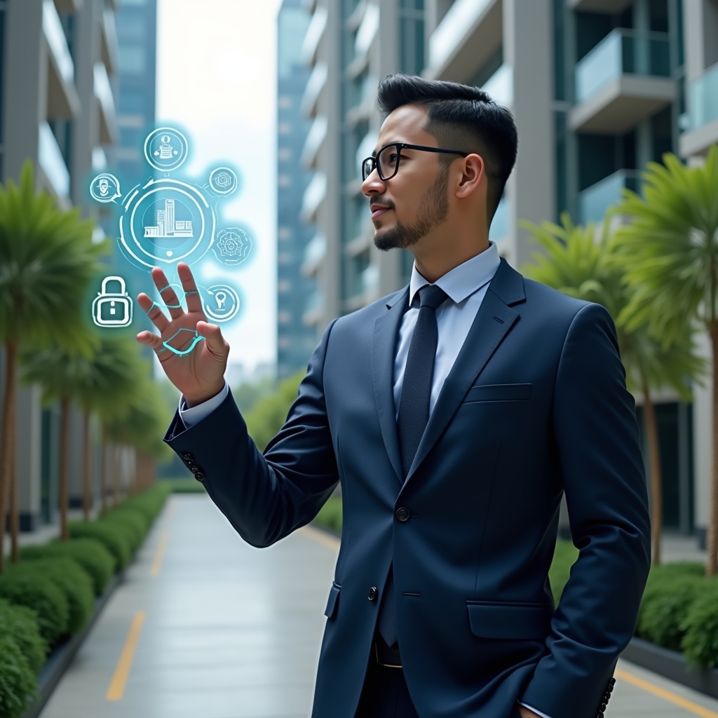 Ultra-realistic condominium manager in a tailored navy suit, set in a modern luxury condominium environment with high-rise glass buildings and lush green landscaping, confidently interacting with a floating holographic interface displaying automation gears, chat bubbles, and biometric lock icons, cinematic lighting, shallow depth of field, highly detailed textures, realistic skin, photographic realism, 8k resolution --ar 1:1 --v 6