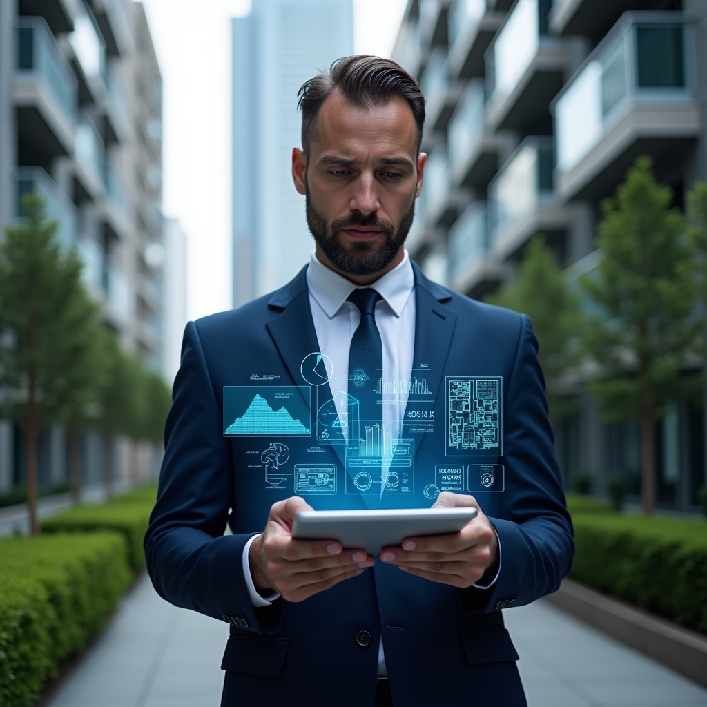 (Ultra-realistic condominium manager in a navy blue business suit, set in a modern luxury condominium environment with high-rise buildings and well-manicured green landscaping, holding a tablet projecting holographic icons of financial charts and floor plans, analyzing data with a confident expression, cinematic lighting, shallow depth of field, highly detailed textures, realistic skin, photographic realism, 8k resolution --ar 1:1 --v 6)