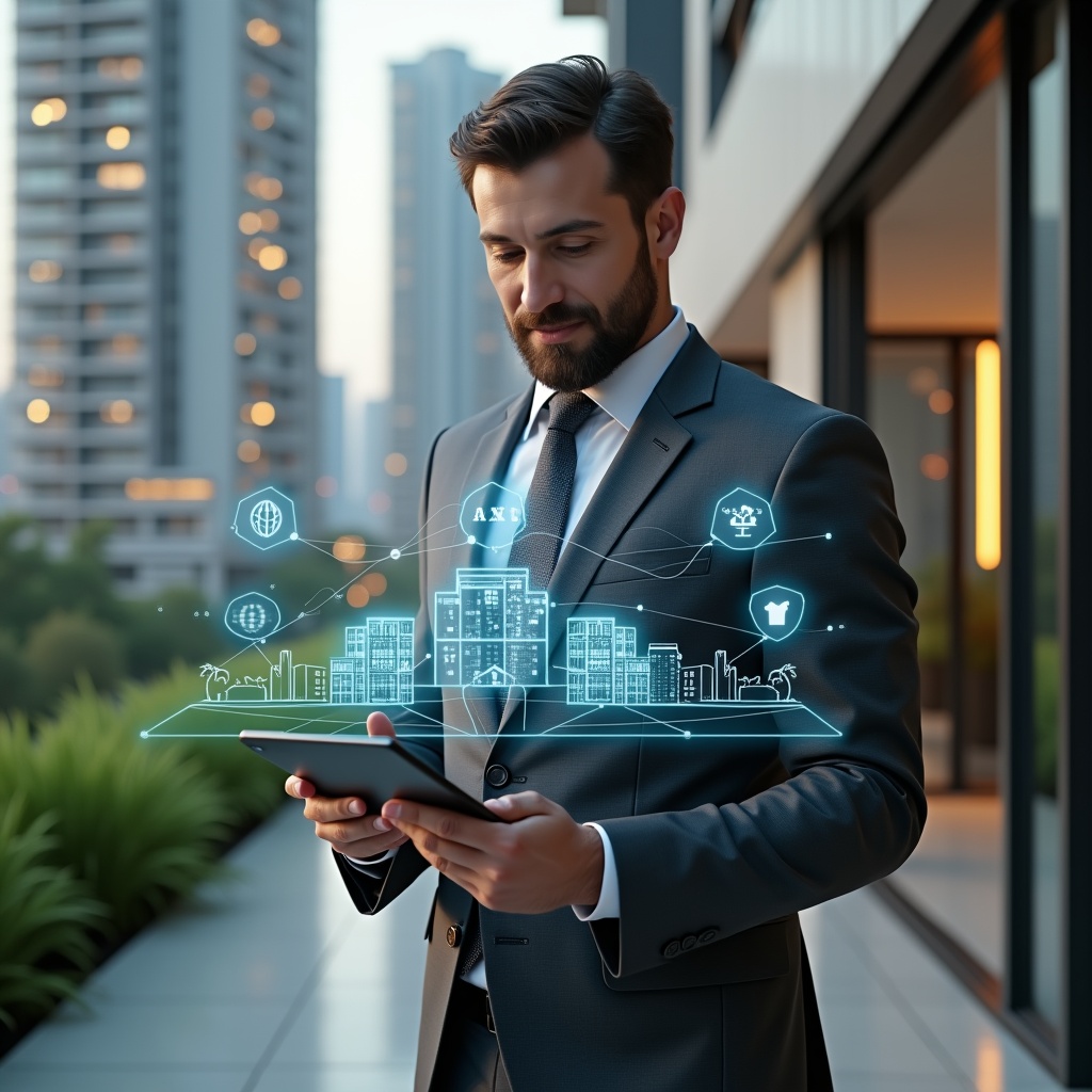 (Ultra-realistic condominium manager in a charcoal gray executive suit, set in a modern luxury condominium environment with high-rise buildings and lush green landscaping, holding a tablet and confidently interacting with a floating holographic interface displaying apartment icons and analytics, cinematic lighting, shallow depth of field, highly detailed textures, realistic skin, photographic realism, 8k resolution --ar 1:1 --v 6)