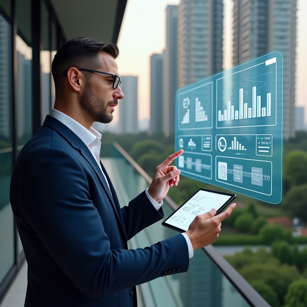 Ultra-realistic condominium manager in a navy executive suit, set in a modern luxury condominium environment with high-rise buildings and meticulously landscaped gardens, holding a tablet displaying a floating holographic dashboard of an **aplicativo de gestão condominial**, confidently pointing at interactive icons for financial reports and booking schedules, cinematic lighting, shallow depth of field, highly detailed textures, realistic skin, photographic realism, 8k resolution --ar 1:1 --v 6