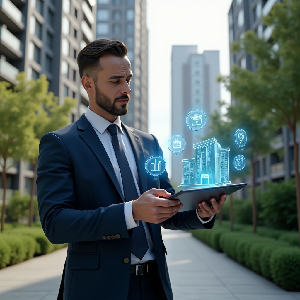 Ultra-realistic condominium manager in a navy blue suit, set in a modern luxury condominium environment with high-rise buildings and well-manicured green landscaping, holding a tablet displaying holographic icons of a building, checklist, calendar and financial graph, analyzing the interface with a confident expression, cinematic lighting, shallow depth of field, highly detailed textures, realistic skin, photographic realism, 8k resolution --ar 1:1 --v 6