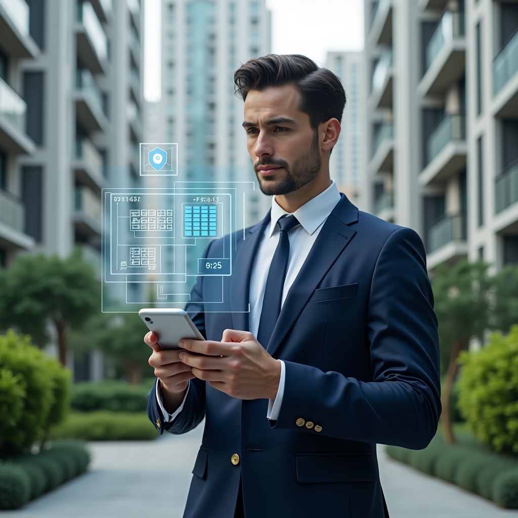 (Ultra-realistic condominium manager in a navy blue suit, set in a modern luxury condominium environment with high-rise buildings and lush green landscaping, holding a smartphone displaying a holographic interface of charts and building layouts, floating icons of a security shield and downward cost graph, confident expression, cinematic lighting, shallow depth of field, highly detailed textures, realistic skin, photographic realism, 8k resolution --ar 1:1 --v 6)