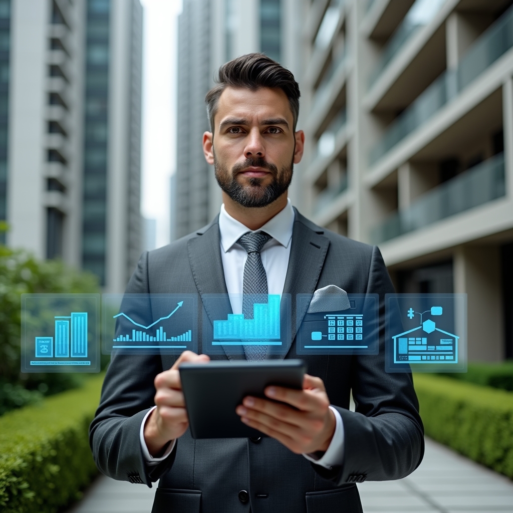 (Ultra-realistic condominium manager in a charcoal gray suit, set in a modern luxury condominium environment with high-rise buildings and manicured green landscaping, holding a tablet displaying financial charts and message icons as holograms, confident and focused expression, holographic dashboard elements representing budgeting and internal communication, cinematic lighting, shallow depth of field, highly detailed textures, realistic skin, photographic realism, 8k resolution --ar 1:1 --v 6)