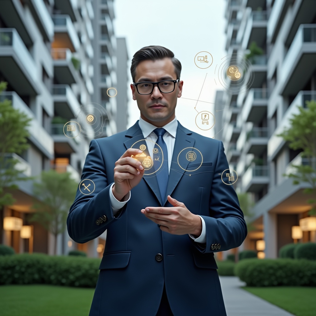 (Ultra-realistic condominium manager in a tailored navy blue suit, set in a modern luxury condominium environment with high-rise buildings and manicured green landscaping, mid shot confidently reviewing holographic expense charts divided into ordinary and extraordinary categories, floating icons of coins, invoices and repair tools symbolizing each cost type, cinematic lighting, shallow depth of field, highly detailed textures, realistic skin, photographic realism, 8k resolution --ar 1:1 --v 6)