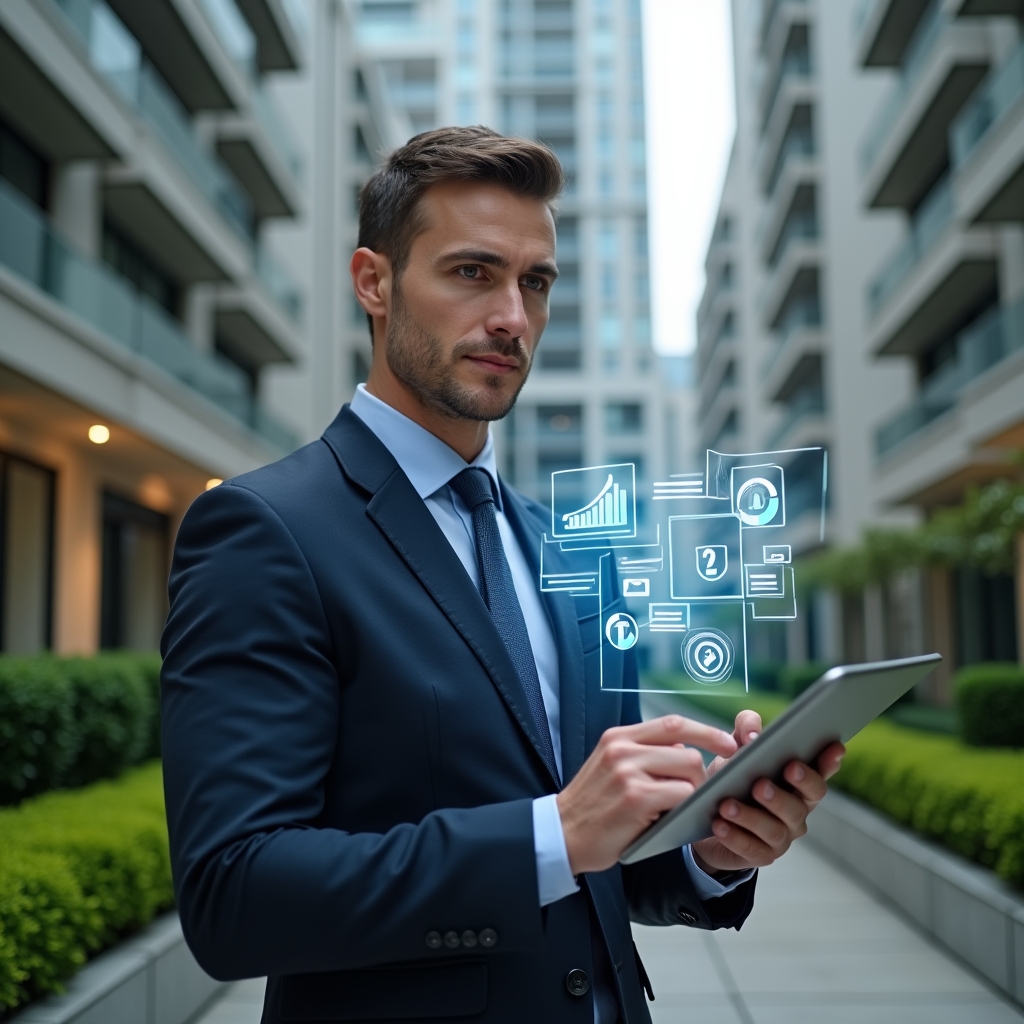 (Ultra-realistic condominium manager in a tailored navy suit, set in a modern luxury condominium environment with high-rise buildings and manicured green landscaping, holding a tablet and interacting with floating holographic icons of charts and chat bubbles to symbolize digital task management, confident and engaged expression, cinematic lighting, shallow depth of field, highly detailed textures, realistic skin, photographic realism, 8k resolution --ar 1:1 --v 6)