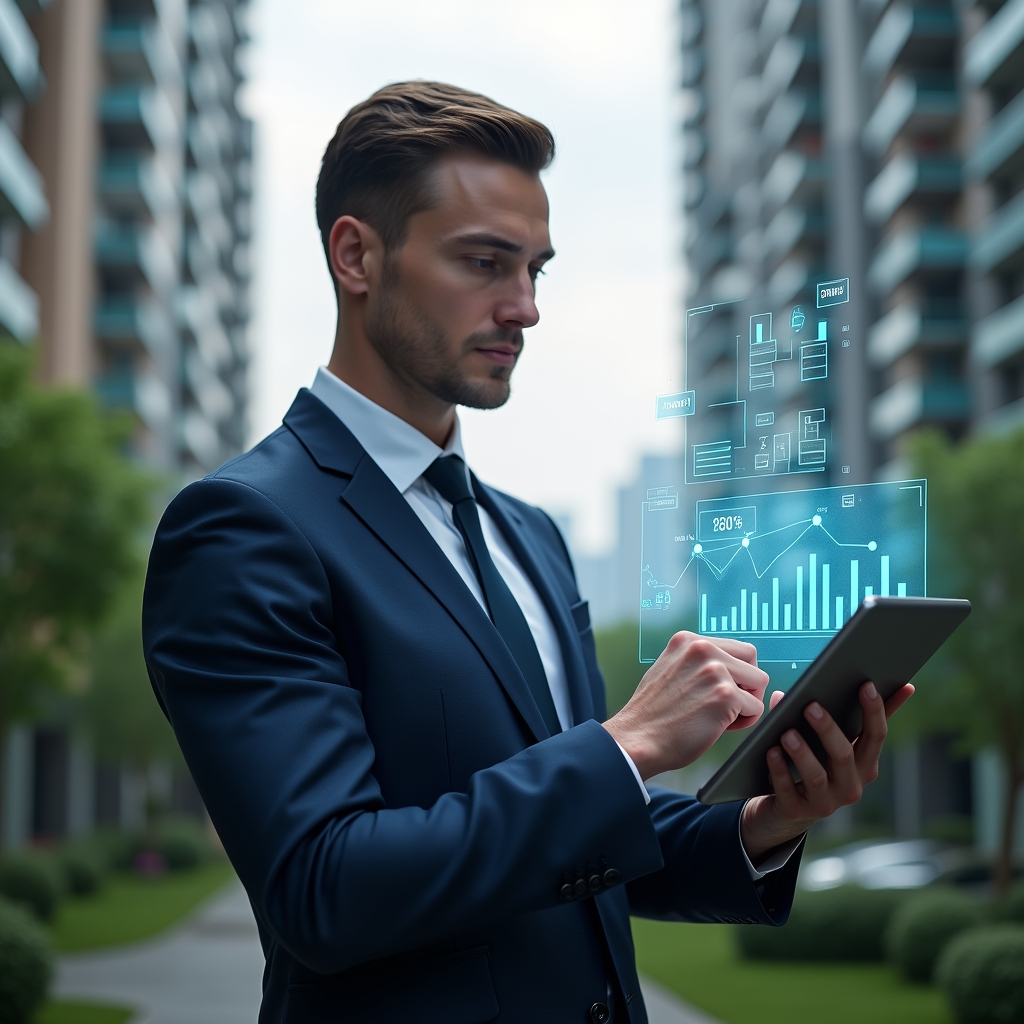 Ultra-realistic condominium manager in a dark blue suit, set in a modern luxury condominium environment with high-rise buildings and lush green landscaping, holding a tablet displaying holographic financial charts, analyzing digital reports with a confident, focused expression, subtle icons of invoices and graphs floating around, cinematic lighting, shallow depth of field, highly detailed textures, realistic skin, photographic realism, 8k resolution --ar 1:1 --v 6