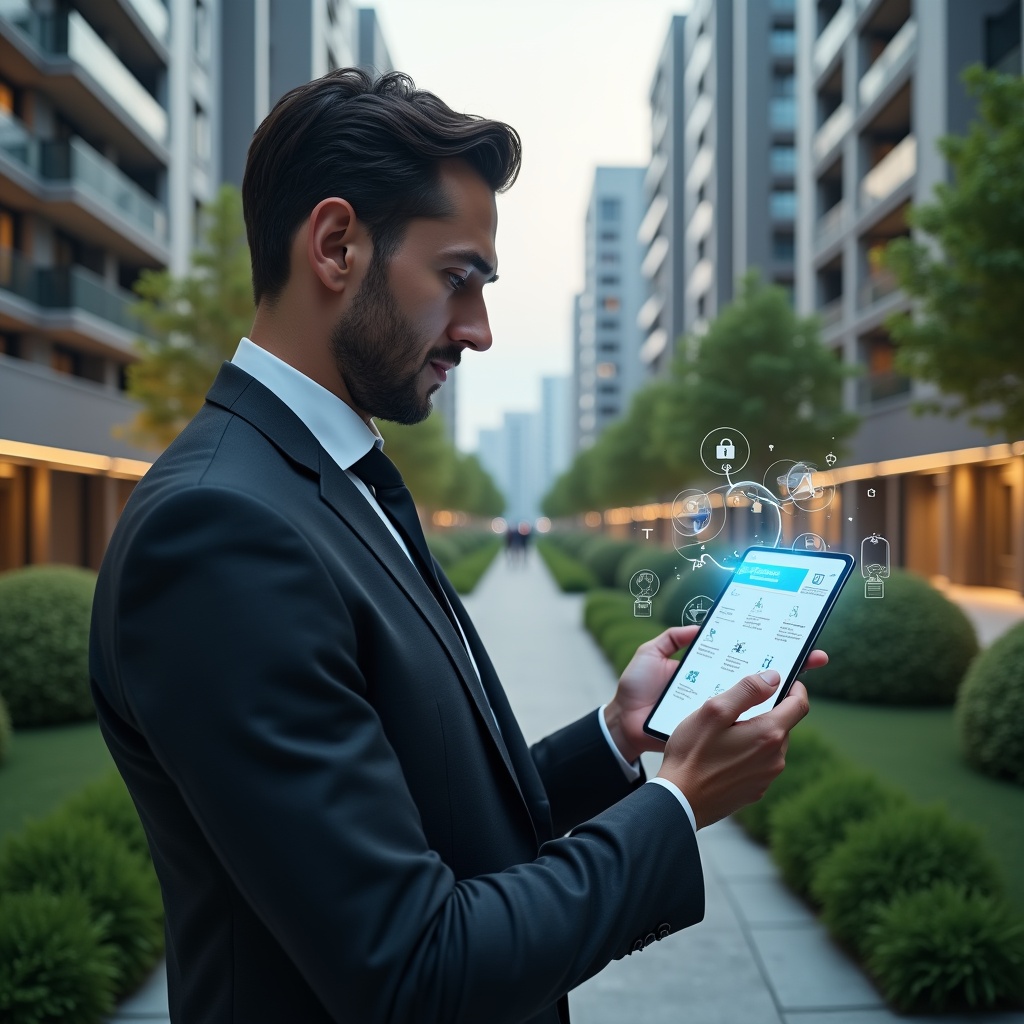 Ultra-realistic condominium manager in a dark gray tailored suit, set in a modern luxury condominium environment with high-rise buildings and meticulously landscaped greenery, holding a glowing holographic checklist and tapping on a floating tablet interface displaying security and integration icons, confident and focused expression, cinematic lighting, shallow depth of field, highly detailed textures, realistic skin, photographic realism, 8k resolution --ar 1:1 --v 6