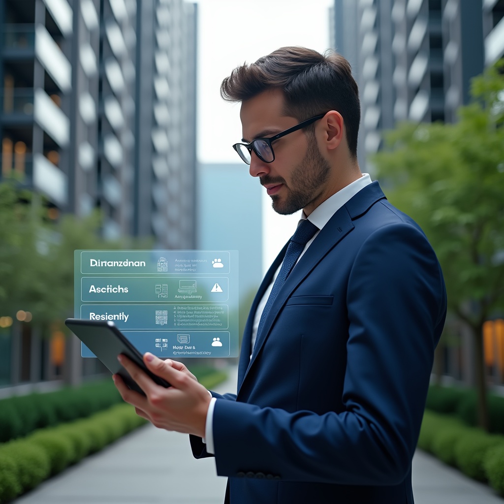 (Ultra-realistic condominium property manager in a navy blue business suit, set in a modern luxury condominium environment with high-rise buildings and meticulously landscaped greenery, holding a digital tablet displaying a holographic scheduling checklist, confidently reviewing maintenance and assembly timelines, vivid holographic calendar overlay and task icons floating beside them, cinematic lighting, shallow depth of field, highly detailed textures, realistic skin, photographic realism, 8k resolution --ar 1:1 --v 6)