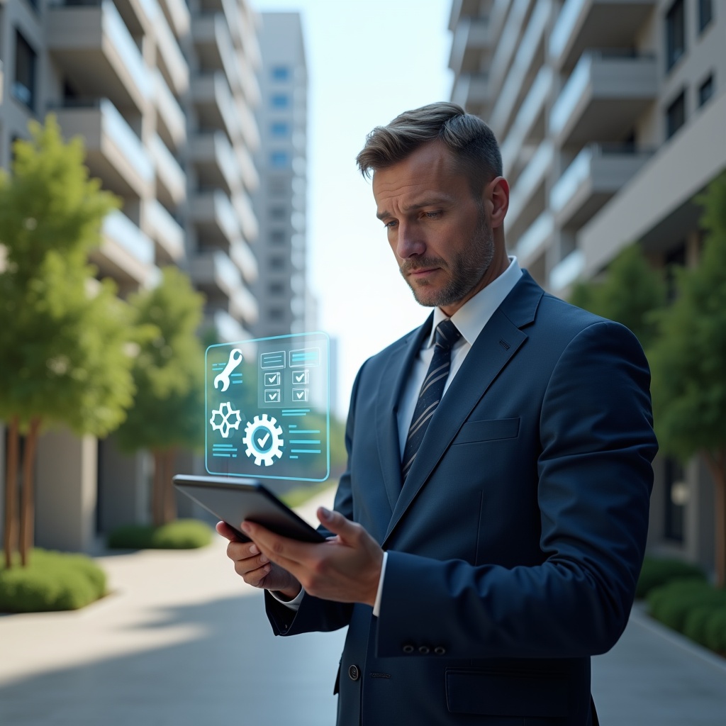 Ultra-realistic condominium facility manager in a tailored navy suit, set in a modern luxury condominium environment with high-rise buildings and manicured green landscaping, mid shot of a confident professional holding a digital tablet displaying a holographic maintenance checklist with floating gear and wrench icons, cinematic lighting, shallow depth of field, highly detailed textures, realistic skin, photographic realism, 8k resolution --ar 1:1 --v 6