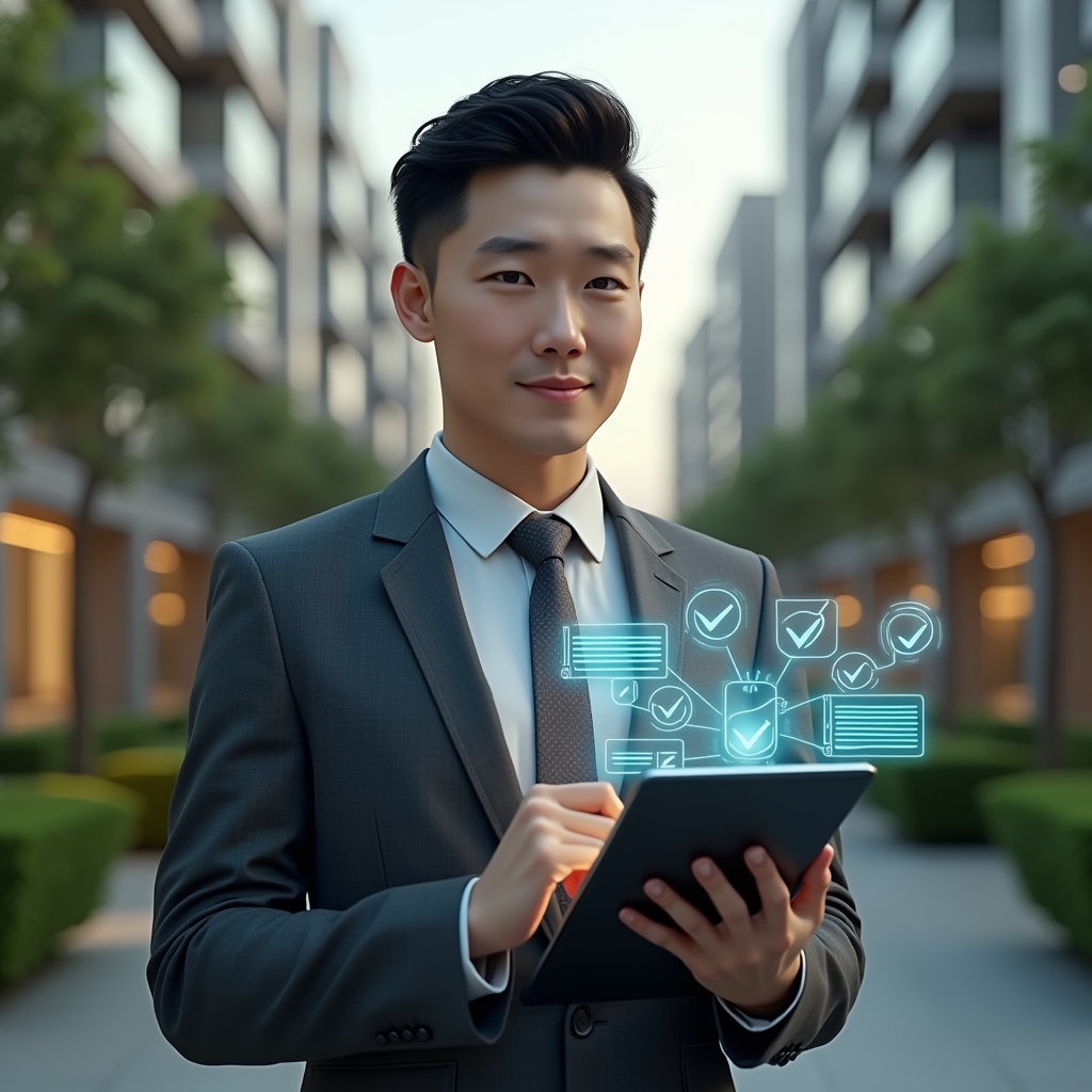 (Ultra-realistic condominium manager in a charcoal gray suit, set in a modern luxury condominium environment with high-rise buildings and manicured green gardens, holding a digital tablet displaying a holographic checklist and calendar, confident and focused expression, floating icons of clocks and checkmarks around the device, cinematic lighting, shallow depth of field, highly detailed textures, realistic skin, photographic realism, 8k resolution --ar 1:1 --v 6)