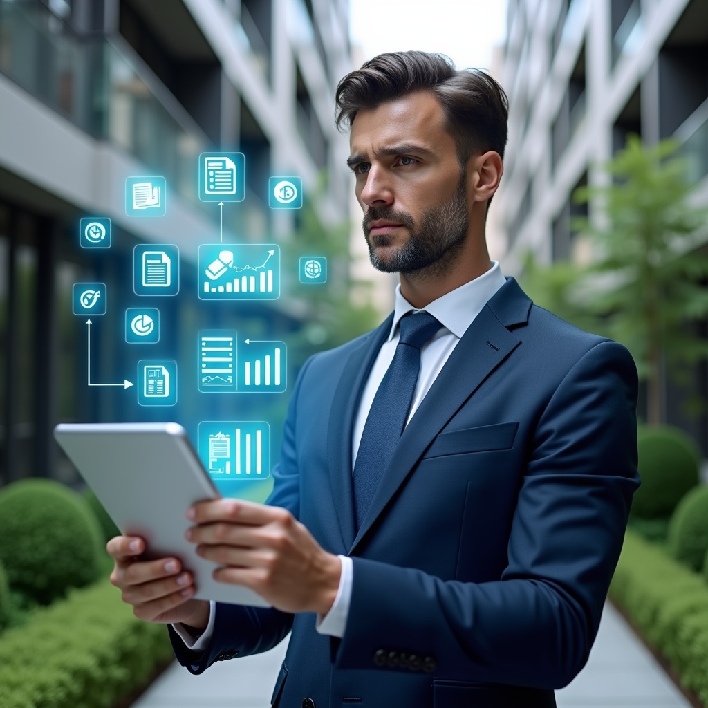 (Ultra-realistic condominium manager in a navy blue suit, set in a modern luxury condominium environment with high-rise buildings and lush green landscaping, holding a digital tablet displaying a holographic checklist of ordinary and extraordinary expenses, surrounded by floating icons of invoices, pie charts and bar graphs, looking confident and focused, cinematic lighting, shallow depth of field, highly detailed textures, realistic skin, photographic realism, 8k resolution --ar 1:1 --v 6)