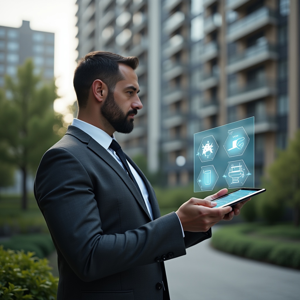 (Ultra-realistic property manager in a dark gray suit, set in a modern luxury condominium environment with high-rise buildings and manicured gardens, holding a tablet displaying a floating holographic maintenance checklist and tool icons, inspecting the scene with a confident, thoughtful expression, cinematic lighting, shallow depth of field, highly detailed textures, realistic skin, photographic realism, 8k resolution --ar 1:1 --v 6)
