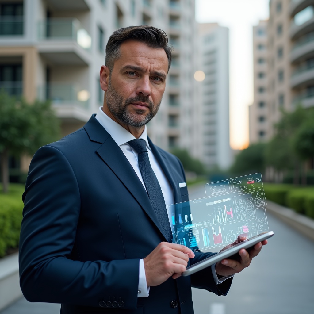 (Ultra-realistic condominium manager in a navy blue executive suit, set in a modern luxury condominium environment with high-rise buildings and manicured green landscaping, holding a transparent tablet displaying floating monthly financial report holograms and colorful charts, confident and focused expression, cinematic lighting, shallow depth of field, highly detailed textures, realistic skin, photographic realism, 8k resolution --ar 1:1 --v 6)