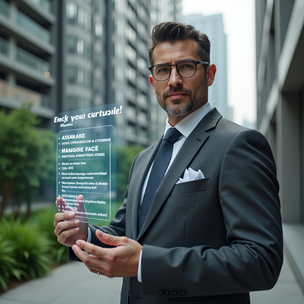 (Ultra-realistic condominium manager in a charcoal gray suit, set in a modern luxury condominium environment with high-rise buildings and manicured green landscaping, holding a holographic checklist of maintenance tasks and assembly schedules with floating calendar icons, confident and focused expression, cinematic lighting, shallow depth of field, highly detailed textures, realistic skin, photographic realism, 8k resolution --ar 1:1 --v 6)