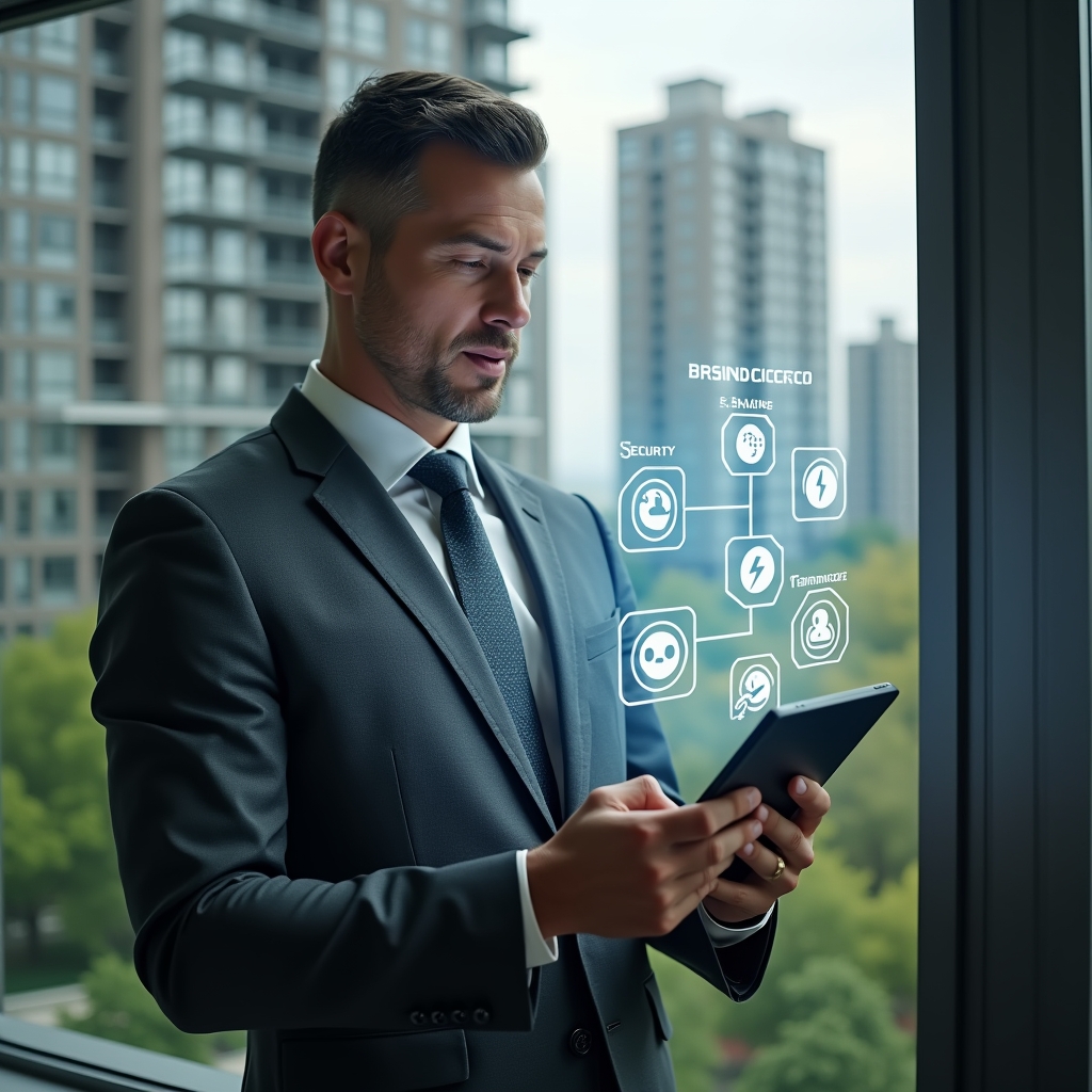 Ultra-realistic condominium manager in a charcoal gray suit, set in a modern luxury condominium environment with high-rise buildings and green landscaping, holding a tablet displaying a glowing holographic checklist, confidently reviewing tasks, with floating icons of security, finance, and communication around them, cinematic lighting, shallow depth of field, highly detailed textures, realistic skin, photographic realism, 8k resolution --ar 1:1 --v 6
