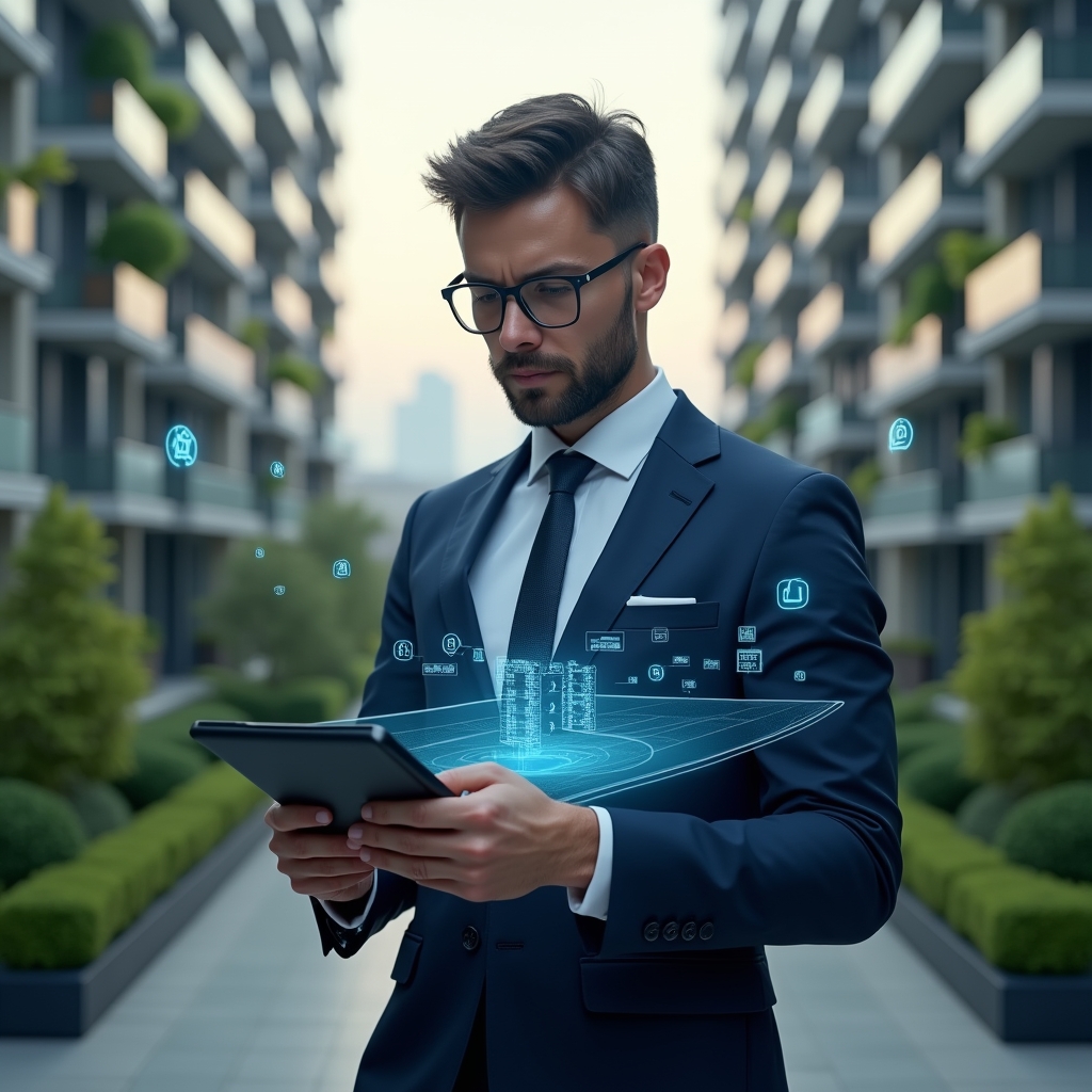 (Ultra-realistic condominium manager in a navy executive suit, set in a modern luxury condominium environment with high-rise buildings and lush green landscaping, reviewing a holographic checklist calendar projected from a sleek tablet, digital icons of tasks and schedules floating around, confident and focused expression, cinematic lighting, shallow depth of field, highly detailed textures, realistic skin, photographic realism, 8k resolution --ar 1:1 --v 6)