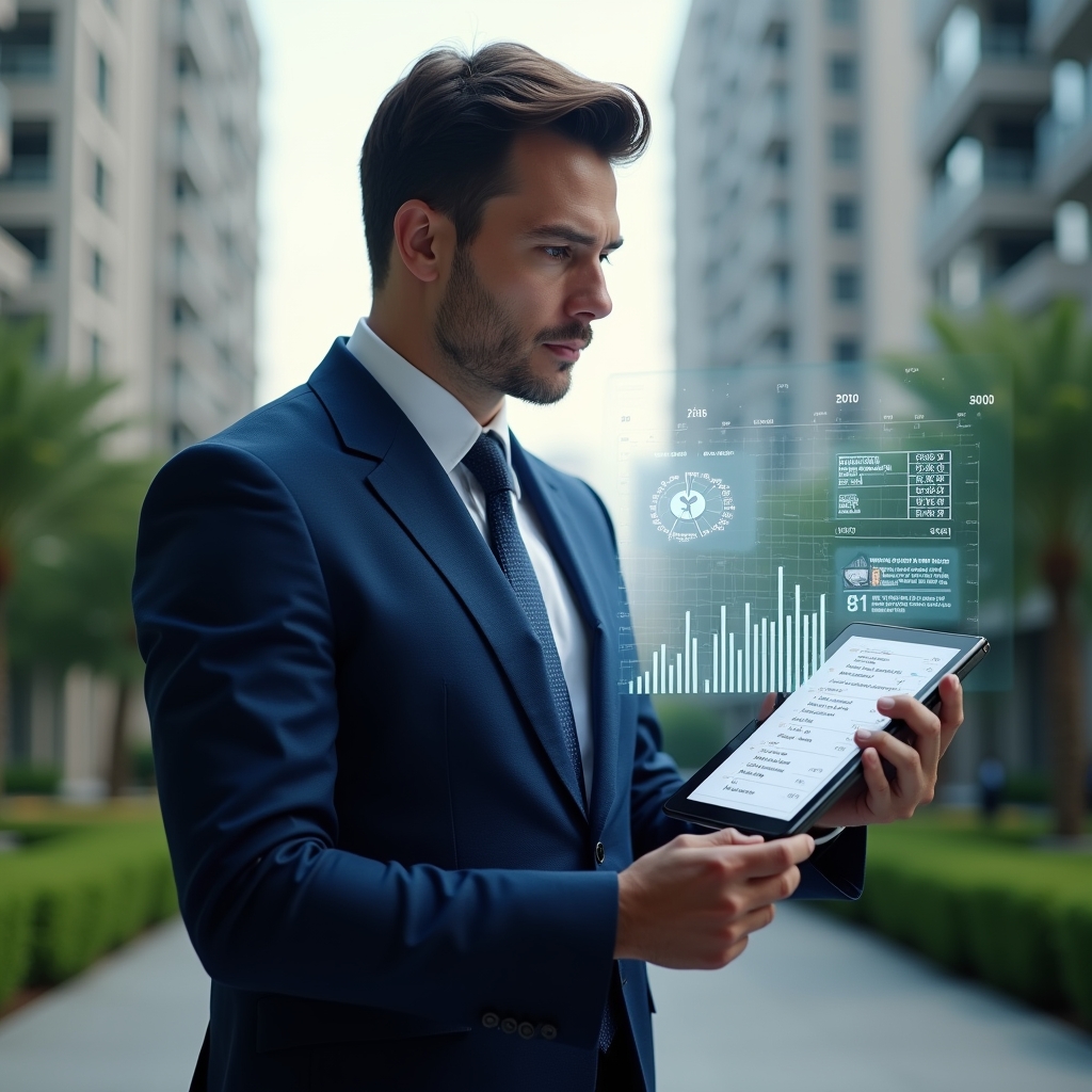 Ultra-realistic condominium manager in a navy blue tailored suit, set in a modern luxury condominium environment with high-rise buildings and lush green landscaping, holding a digital tablet displaying a detailed expense checklist and reviewing holographic financial charts and calendar icons floating beside them, confident and focused expression, cinematic lighting, shallow depth of field, highly detailed textures, realistic skin, photographic realism, 8k resolution --ar 1:1 --v 6