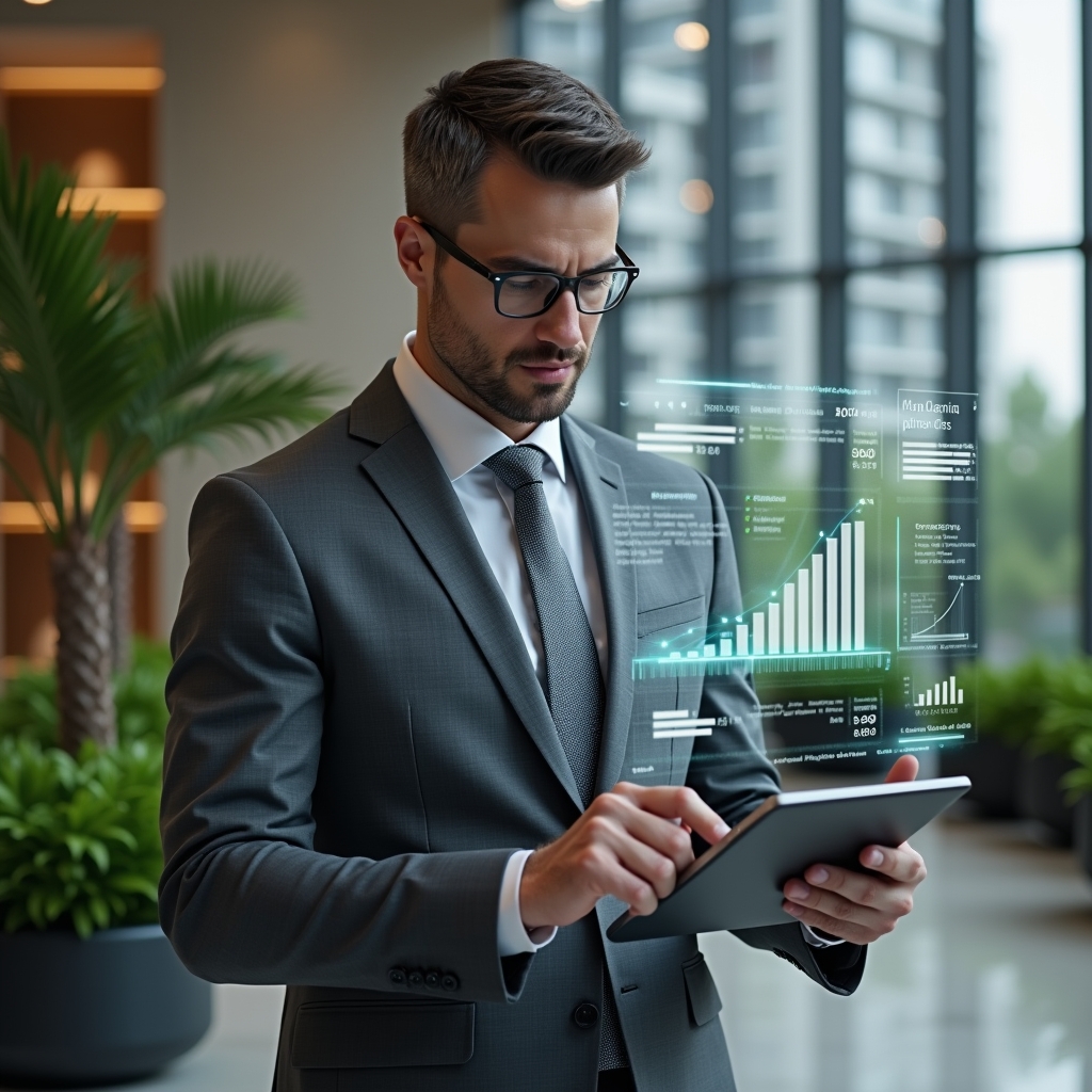 Ultra-realistic condominium manager in a charcoal gray suit, set in a modern luxury condominium environment with high-rise buildings and manicured green landscaping, standing in a reception lobby reviewing a holographic financial checklist projected from a tablet, confident and focused expression, transparent ledger icons and floating bar charts around them, cinematic lighting, shallow depth of field, highly detailed textures, realistic skin, photographic realism, 8k resolution --ar 1:1 --v 6