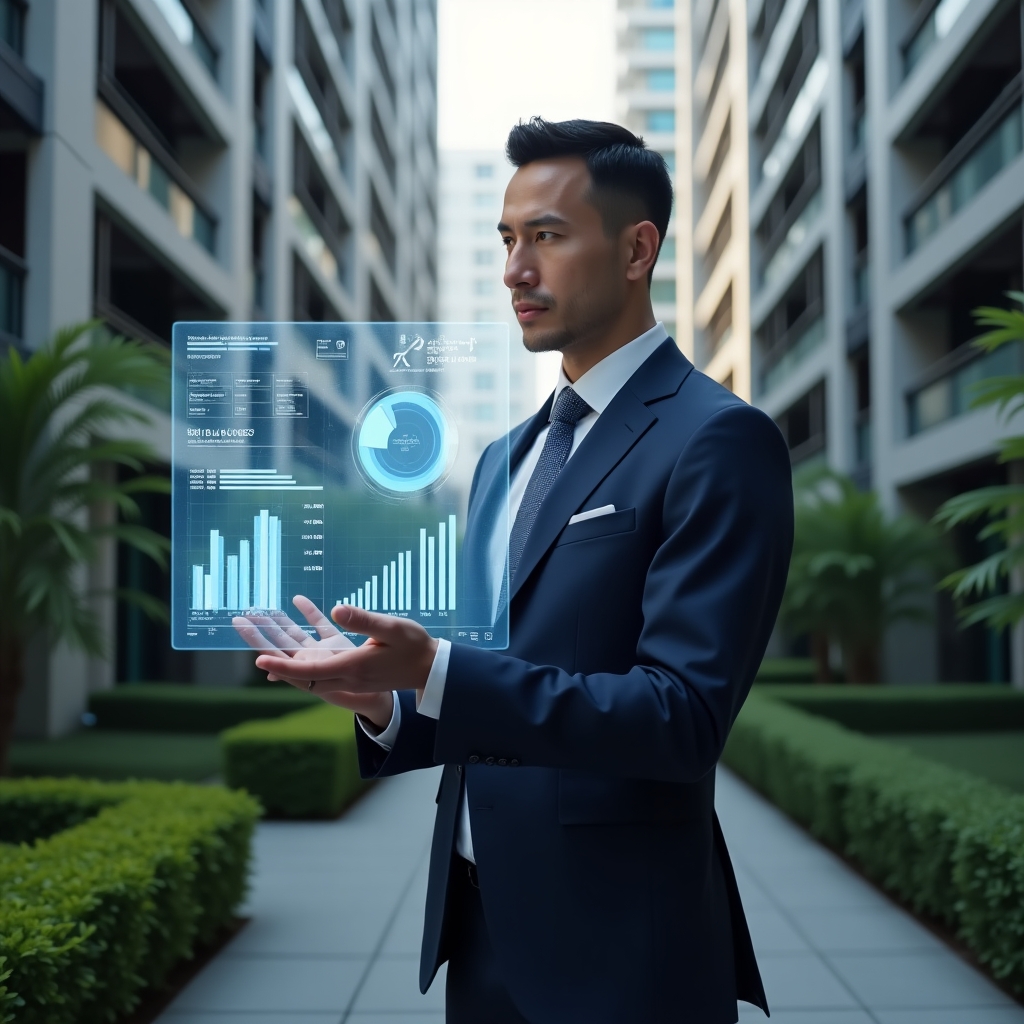 Ultra-realistic condominium manager in a navy suit, set in a modern luxury condominium environment with high-rise buildings and manicured green landscaping, reviewing a transparent holographic financial dashboard displaying pie charts and cash flow graphs, confident and focused expression, cinematic lighting, shallow depth of field, highly detailed textures, realistic skin, photographic realism, 8k resolution --ar 1:1 --v 6